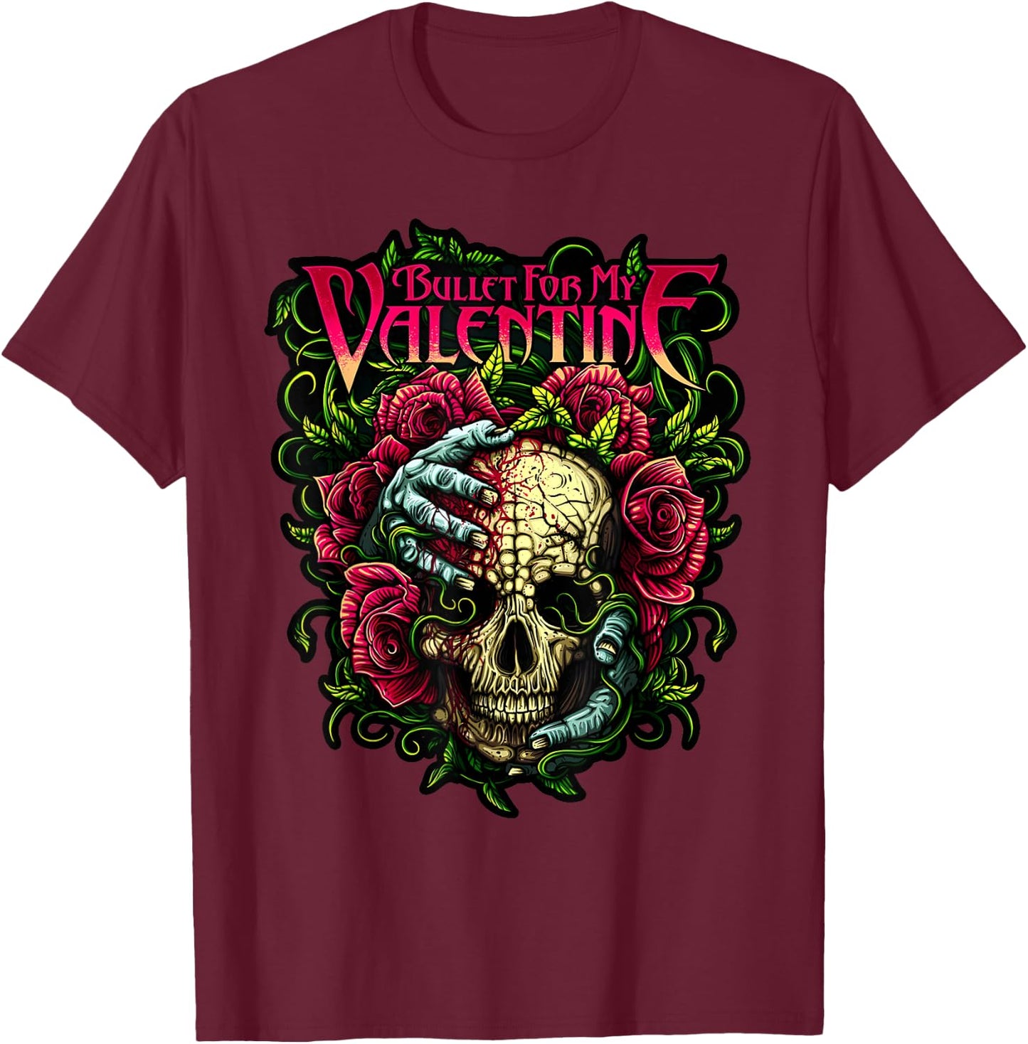 Funny Bullet My Valentine Horror with Skull, Roses and Red Blood T-Shirt - T-Shirt | Maroon