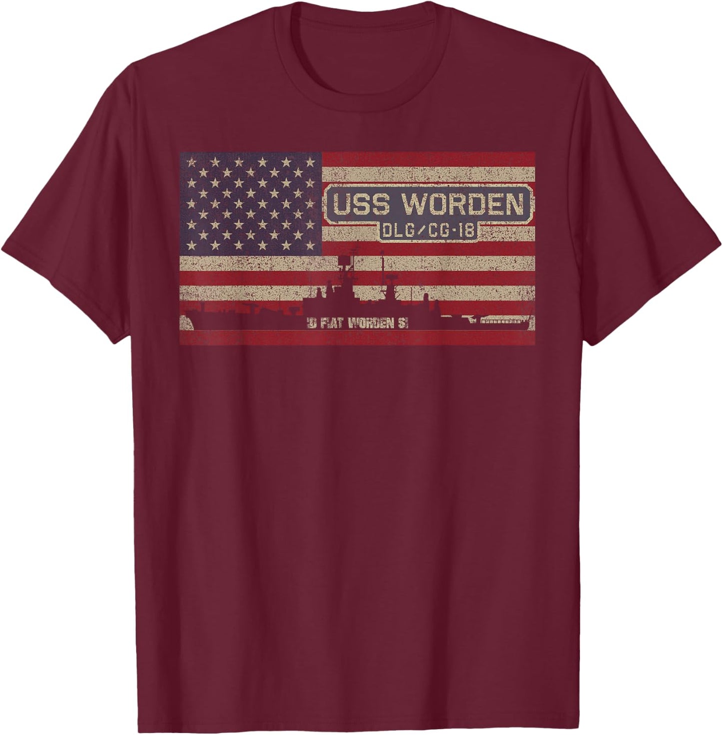 USS Worden DLG-18 Destroyer CG-18 Cruiser Ship American Flag T-Shirt - T-Shirt | Maroon