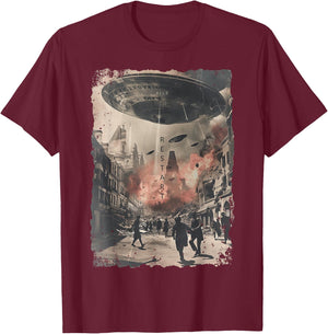 Vintage UFO/UAP Invasion Alien War Armageddon UFO T-Shirt - T-Shirt | Maroon