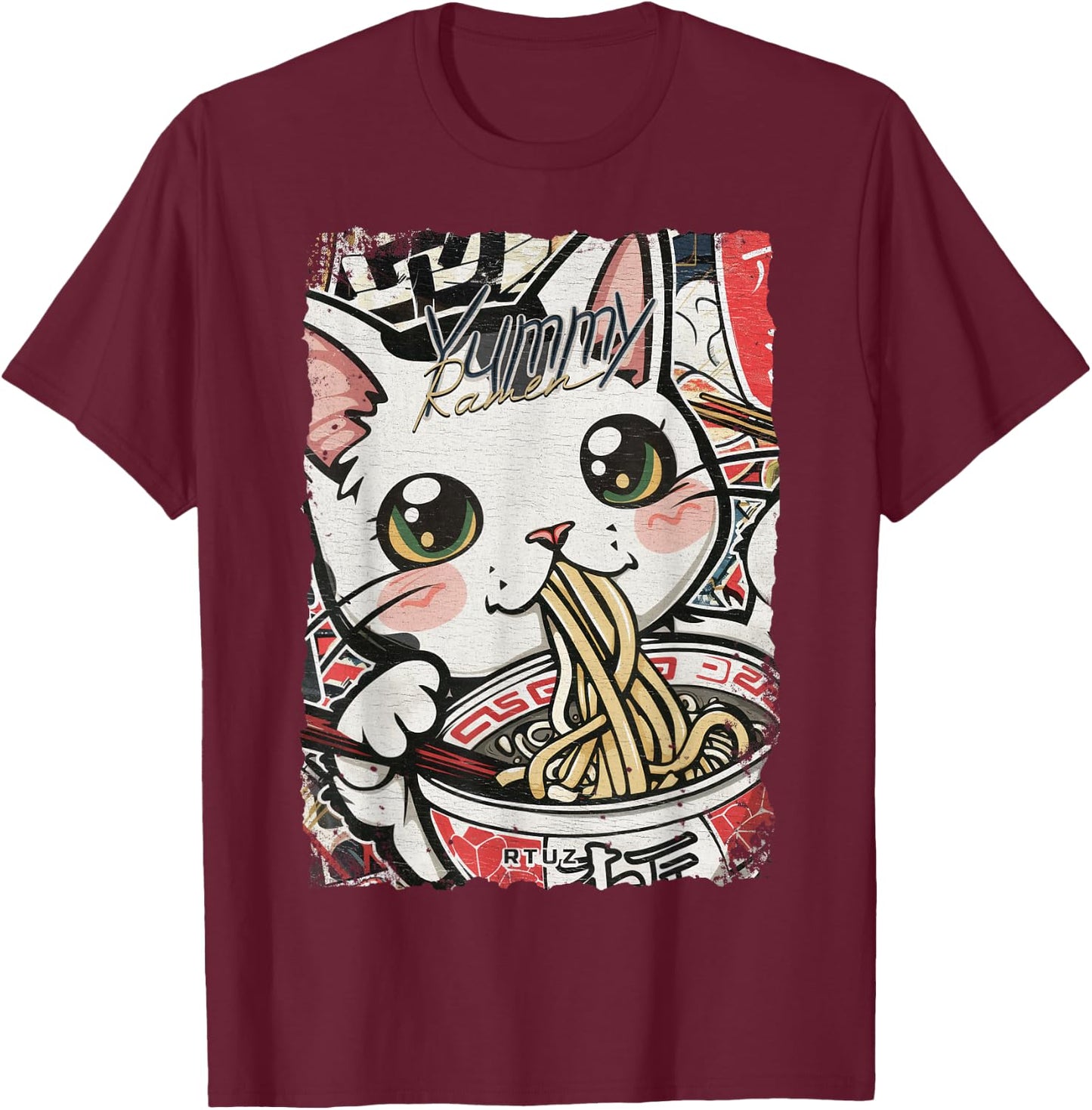 Ramen Nudeln Katze Japan Y2K Kawaii Retro Katzen Manga Anime Schwarz S T-Shirt - T-Shirt | Maroon