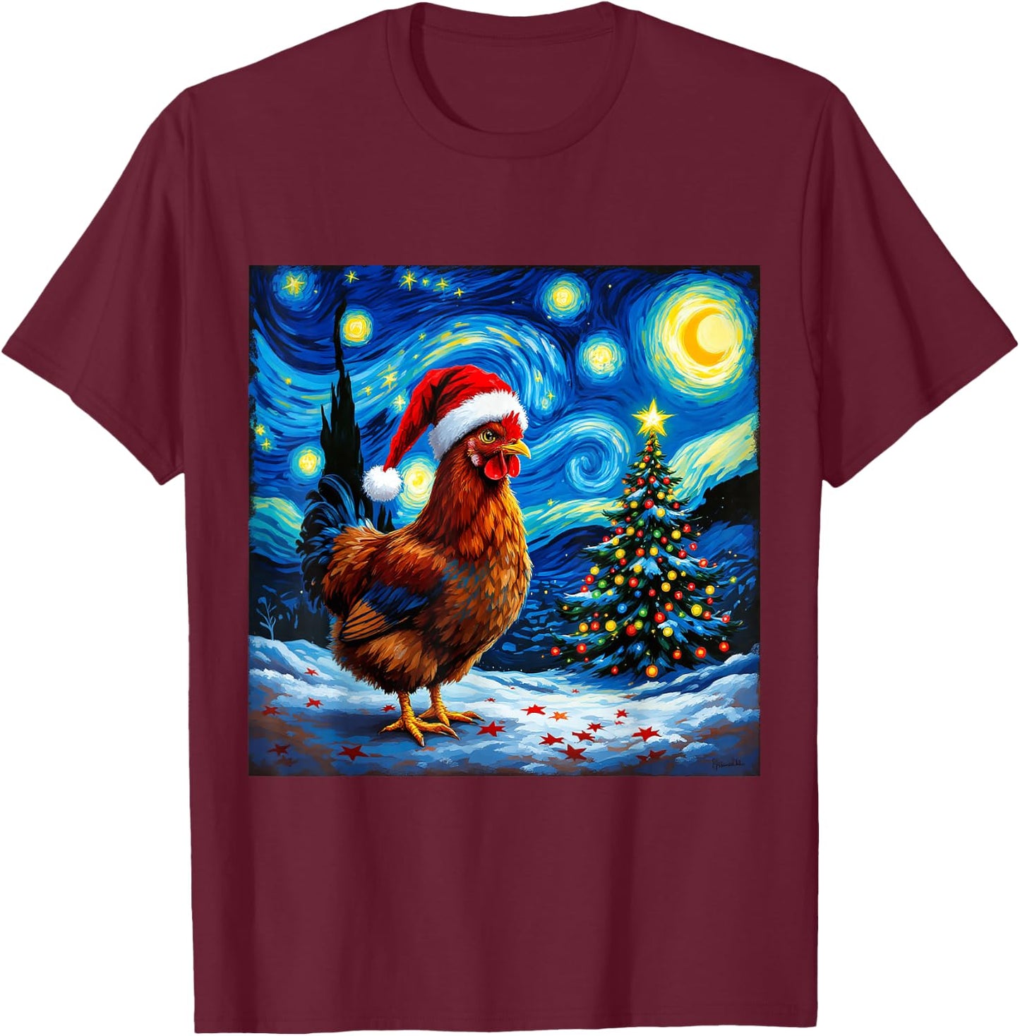 Christmas Chicken Santa Hat Van Gogh Starry Night Holiday T-Shirt - T-Shirt | Maroon