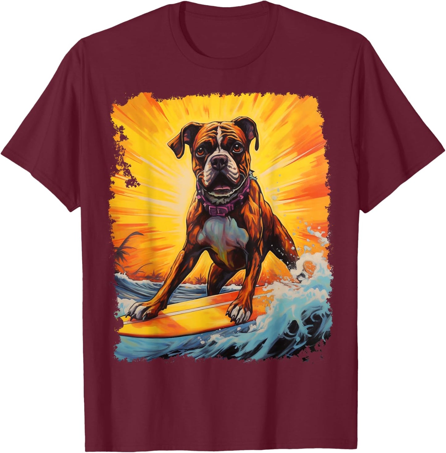 Pop Art Surf Boxer Dog Paddle Board T-Shirt - T-Shirt | Maroon