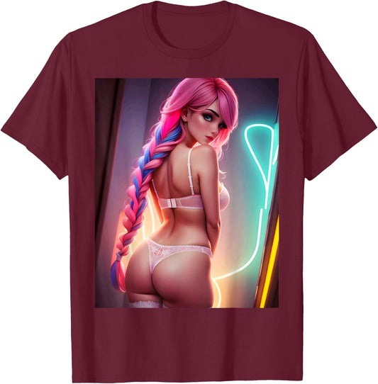 Cute Sexy Anime Manga Waifu Woman Pink Lingerie Portrait , Black, S T-Shirt - T-Shirt | Maroon