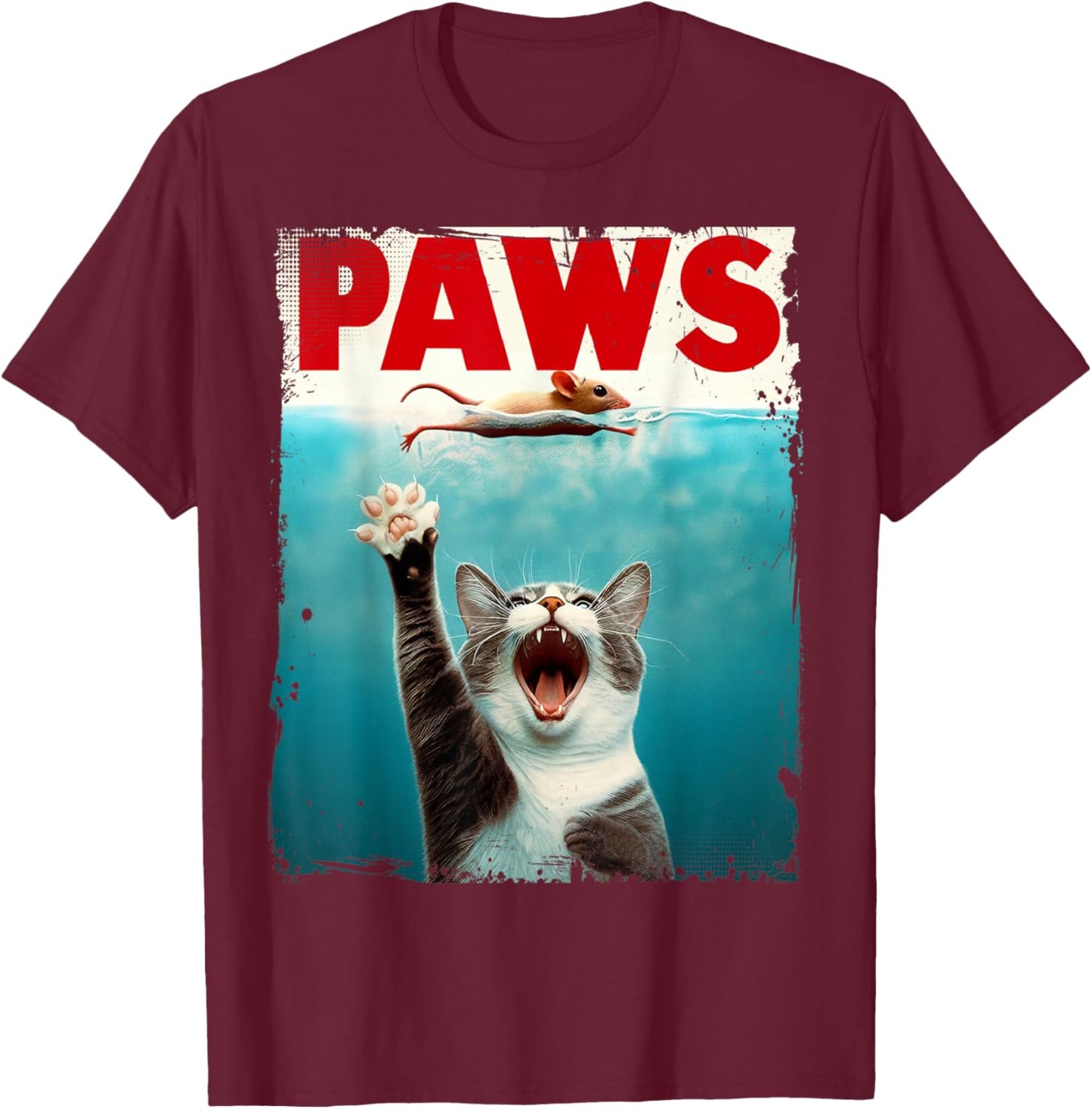 PAWS Parody Cat Mouse Humorous Cat Chasing Mouse Kitten T-Shirt - T-Shirt | Maroon