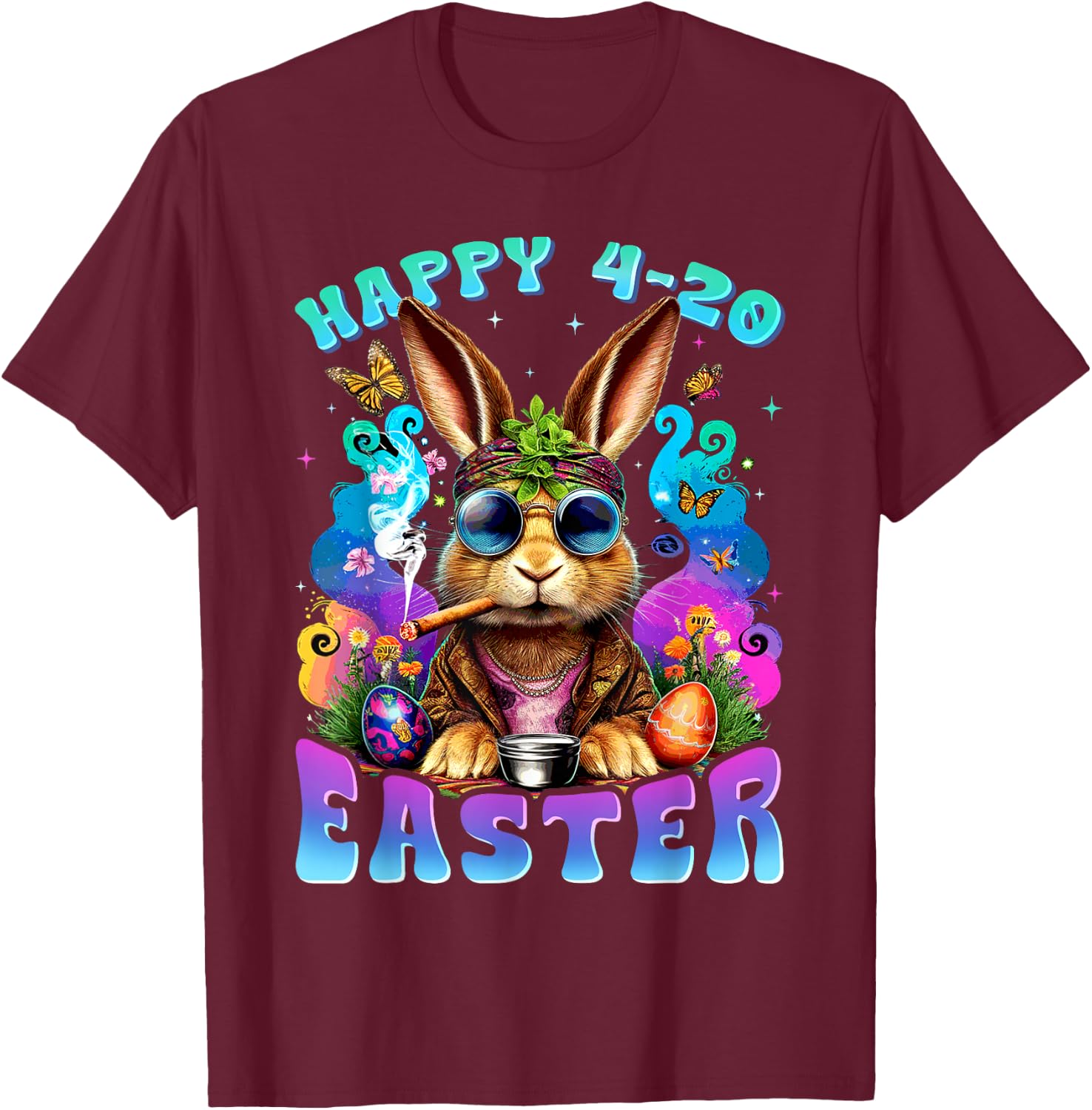 Happy 420 Easter Bunny Smoking Weed Funny Men Women T-Shirt - T-Shirt | Maroon