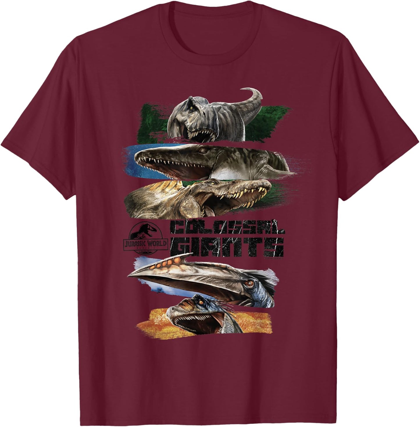 Jurassic World Rebirth Colossal Giants Panel T-Shirt - T-Shirt | Maroon