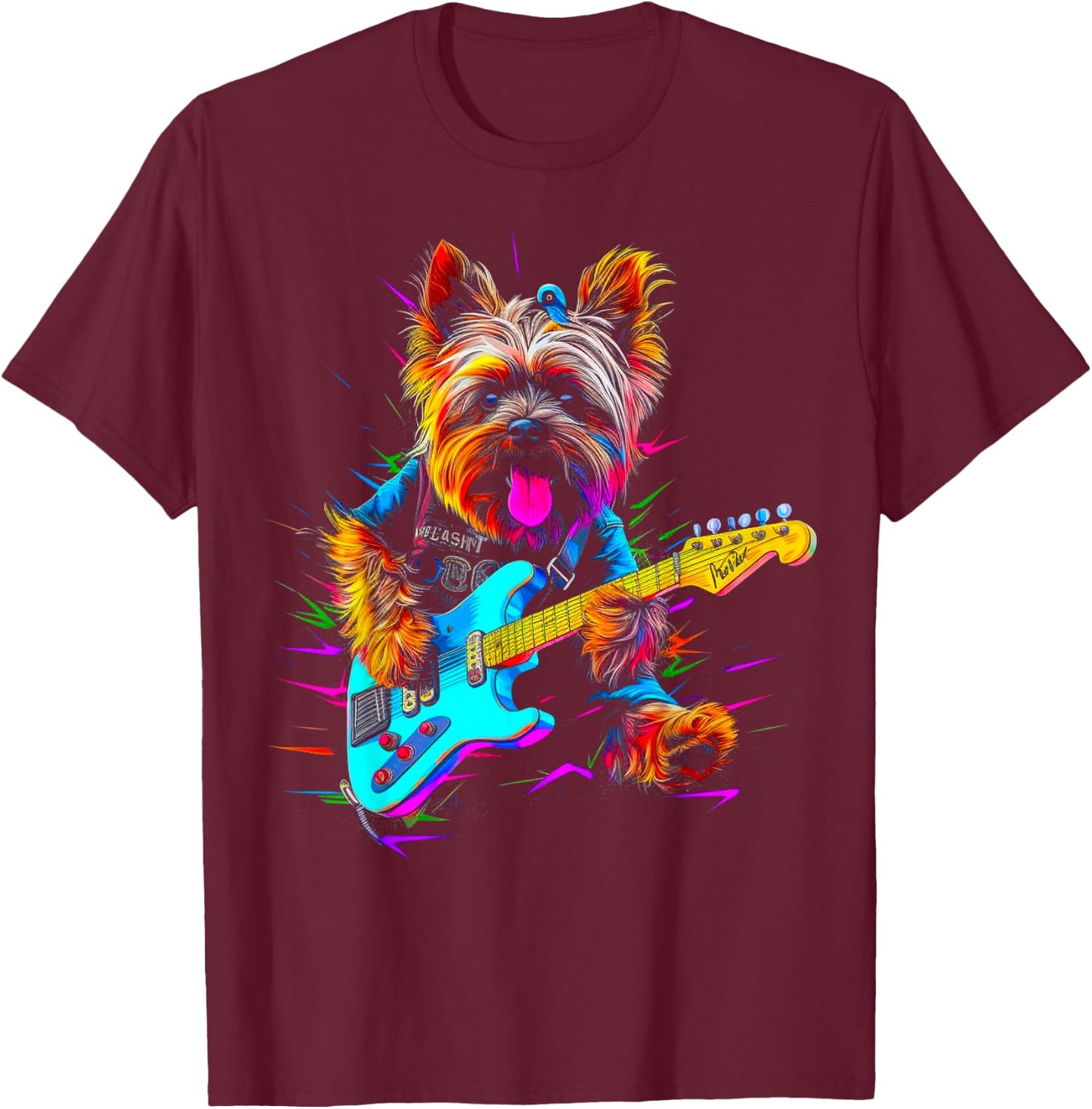 Yorkie Dog Yorkshire Terrier Guitarist T-Shirt - T-Shirt | Maroon