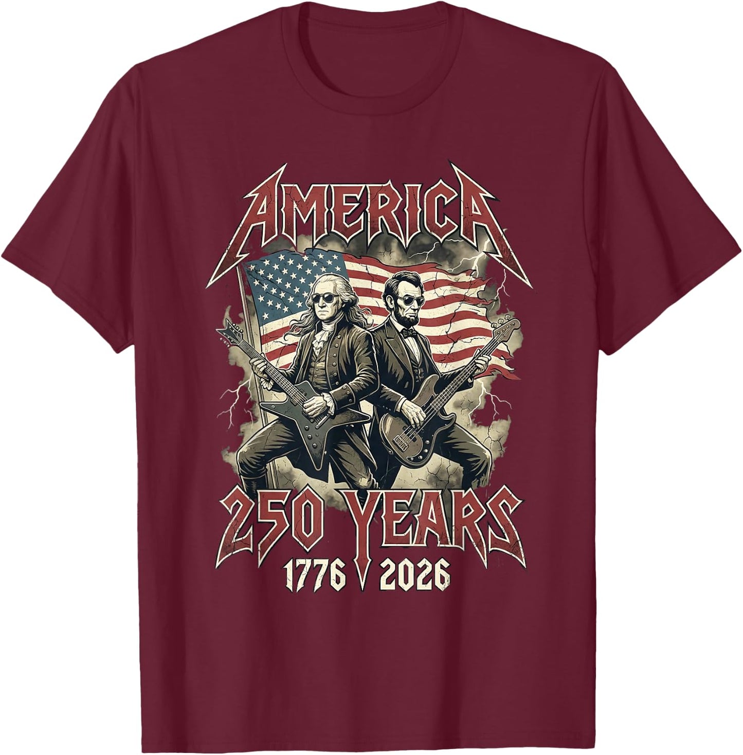 George Washington Abe Lincoln Guitar USA 250 Anniversary T-Shirt - T-Shirt | Maroon