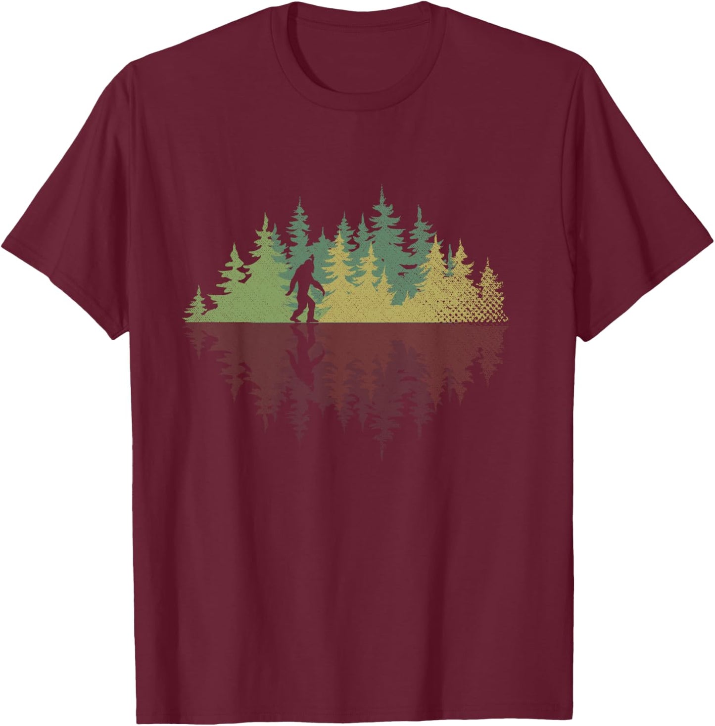 Sasquatch Yeti Reflection Forest Trees Conspiracy Bigfoot T-Shirt - T-Shirt | Maroon