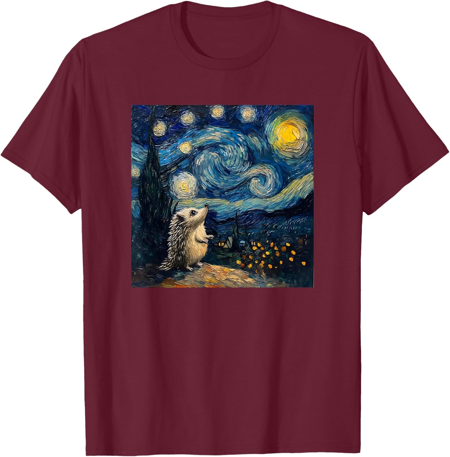 Cute Van Gogh Hedgehog Starry Night Funny Women & Men T-Shirt - T-Shirt | Maroon