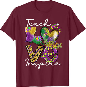 Teacher Mardi Gras Teach Love Inspire Carnival Beads Leopard T-Shirt - T-Shirt | Maroon