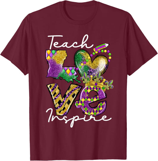 Teacher Mardi Gras Teach Love Inspire Carnival Beads Leopard T-Shirt - T-Shirt | Maroon