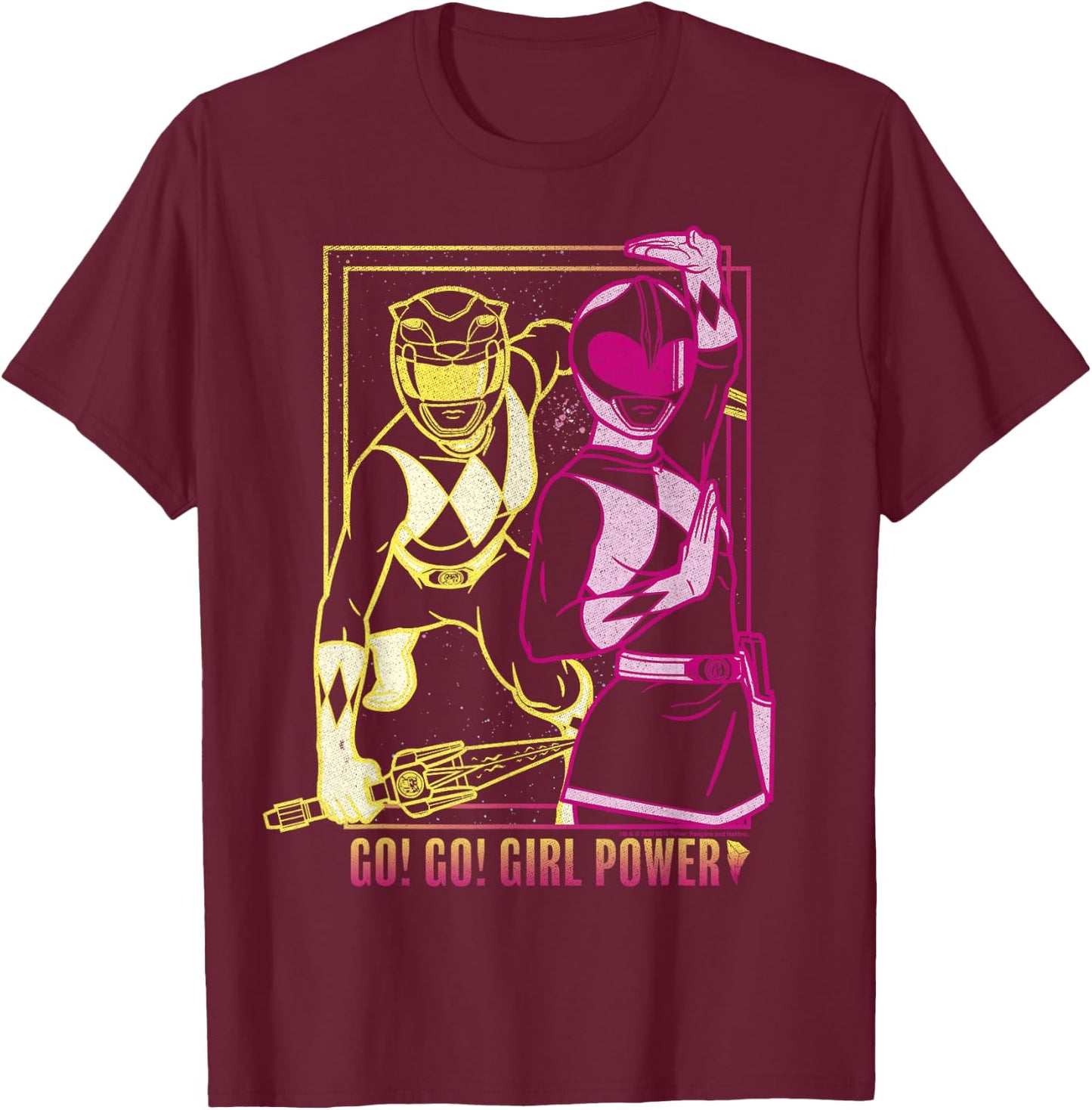 Power Rangers Go Go Girl Power Pink & Yellow Ranger Art T-Shirt - T-Shirt | Maroon