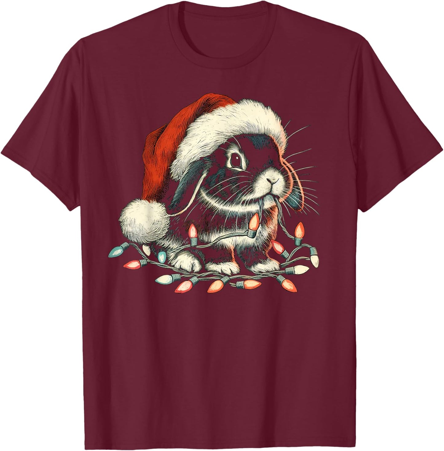 Holland Lop Rabbit Bunny Chew Christmas Light Xmas Holiday T-Shirt - T-Shirt | Maroon