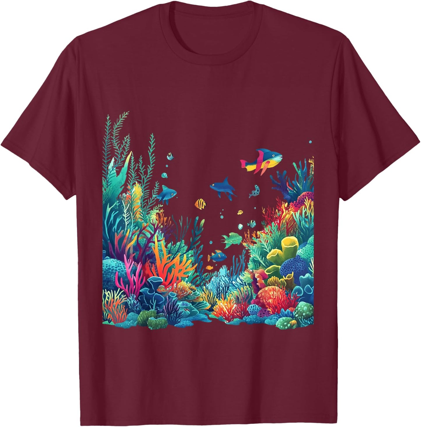 Vibrant Coral Reef Marine Life Scene T-Shirt - T-Shirt | Maroon