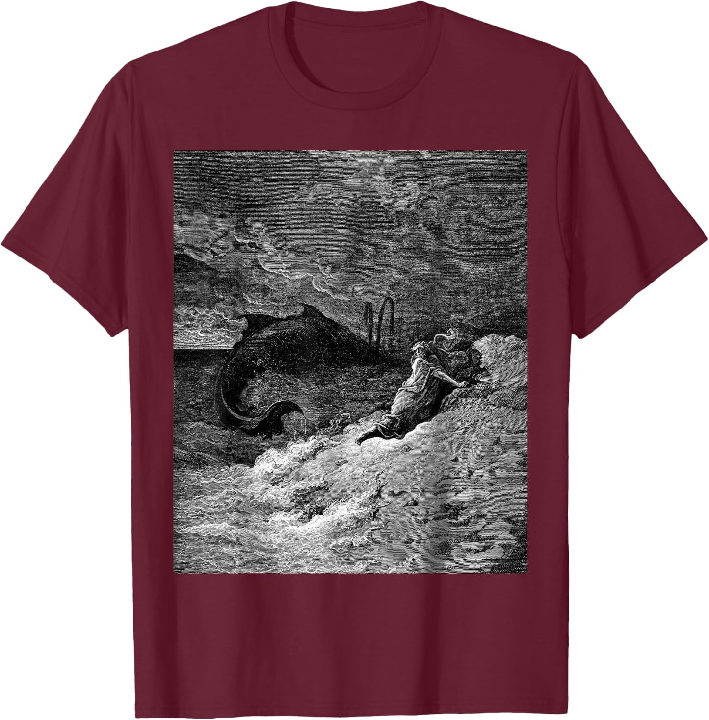 Jonah Cast Forth by the Whale Gustave Dore Biblical Art T-Shirt - T-Shirt | Maroon