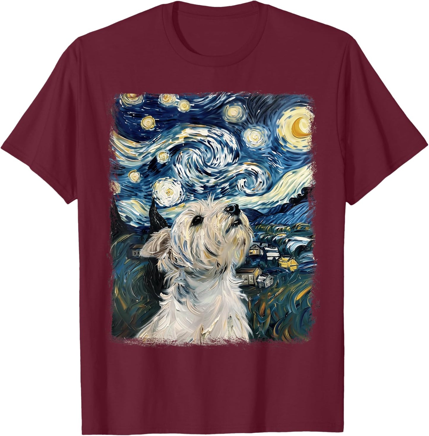 West Highland Terrier Dog Starry Night Painting T-Shirt - T-Shirt | Maroon