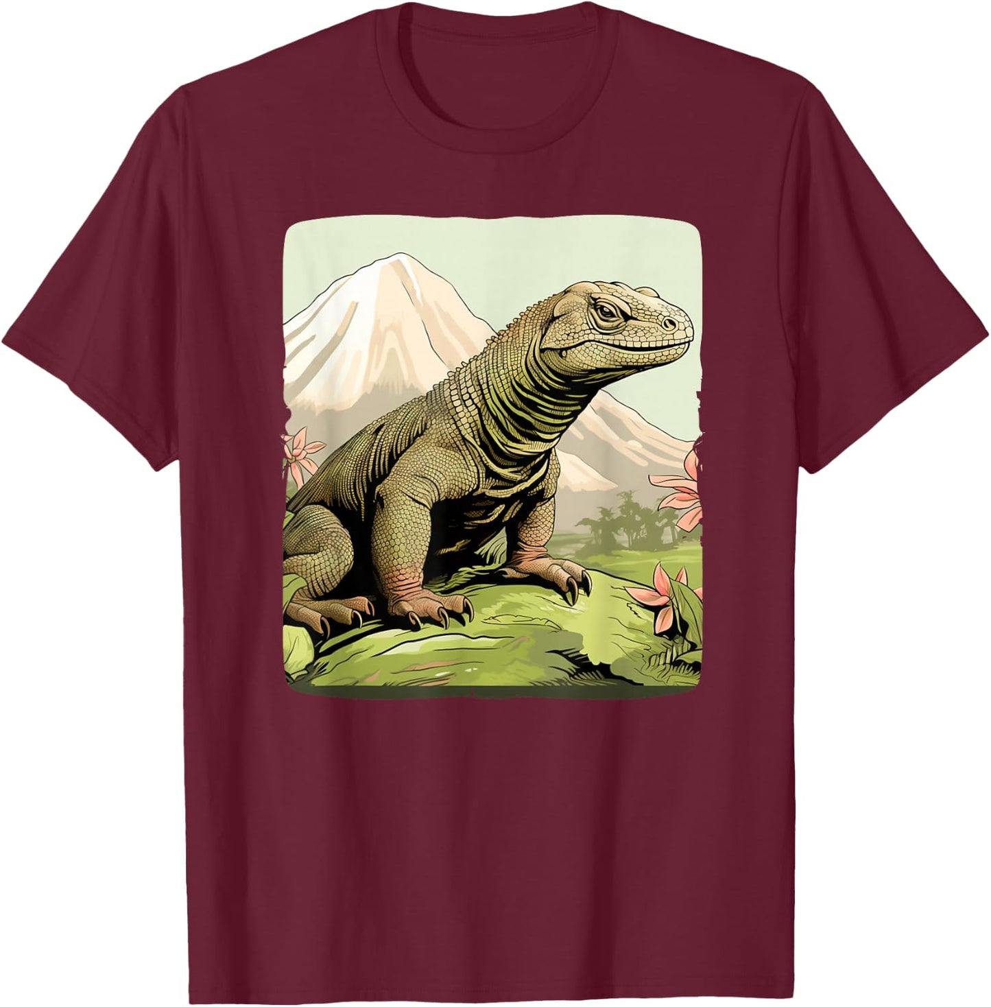 Cool Komodo Dragon Outfit with Mountains for Dragon Animals , black T-Shirt - T-Shirt | Maroon