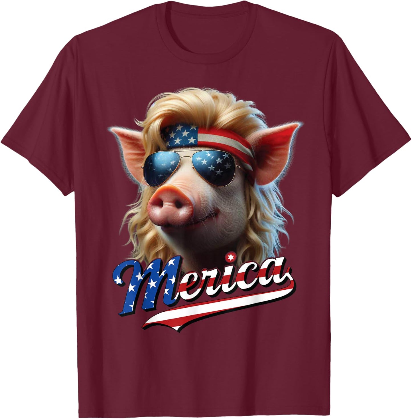 Pig Merica Blonde Mullet Wig USA Flag Funny T-Shirt - T-Shirt | Maroon