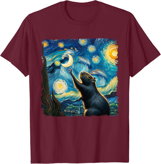 Classic Capybara Starry Night Distressed Capybaras Van Gogh T-Shirt - T-Shirt | Maroon