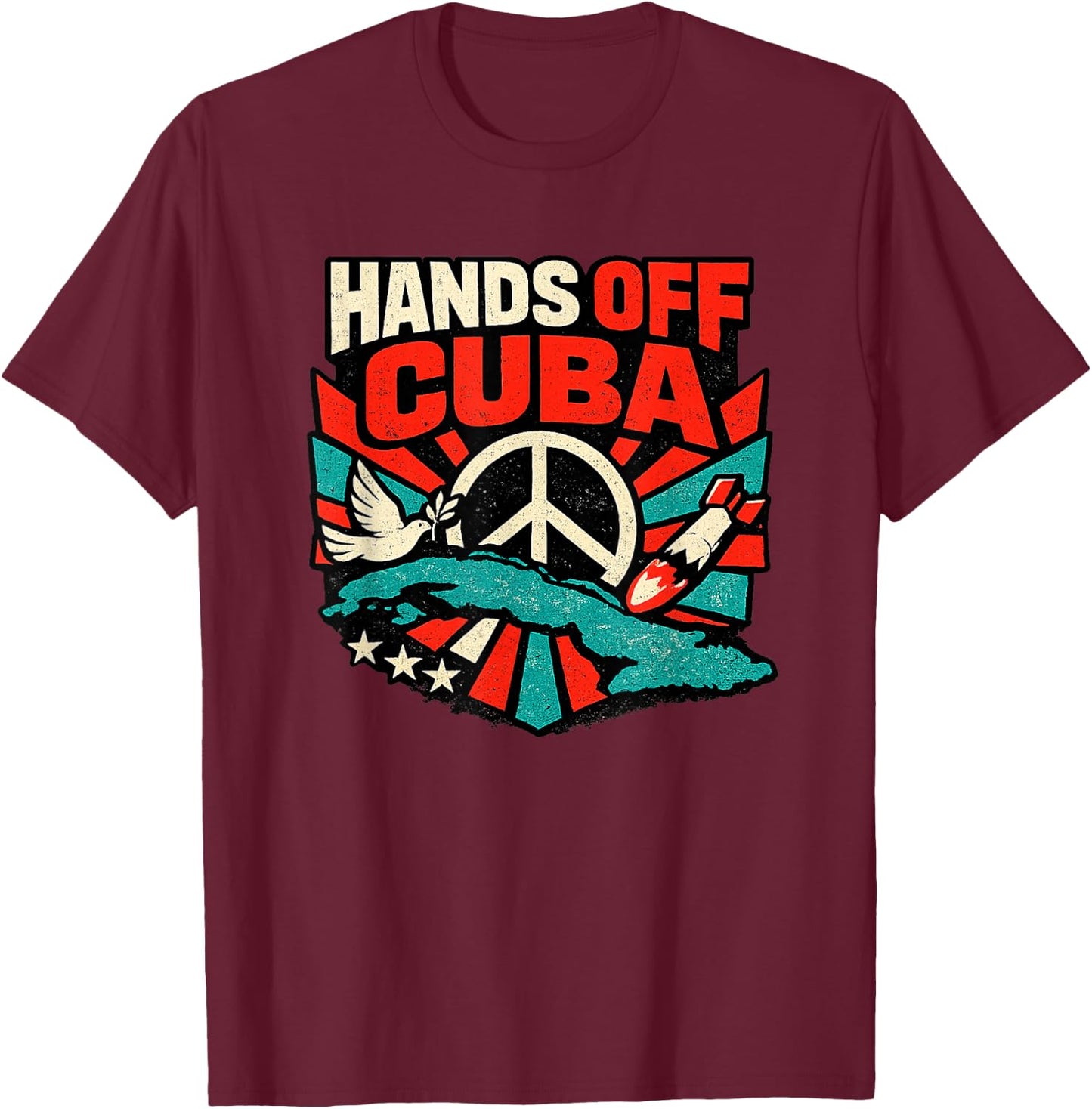 “Hands Off Cuba”, Vintage Anti-War T-Shirt - T-Shirt | Maroon