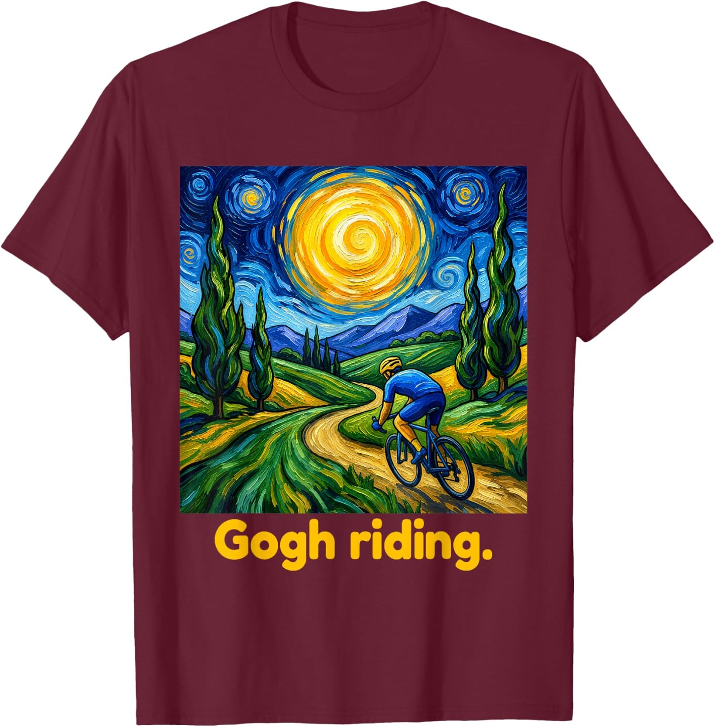 Gogh Riding Funny Cycling Van Gogh Art Bike T-Shirt - T-Shirt | Maroon
