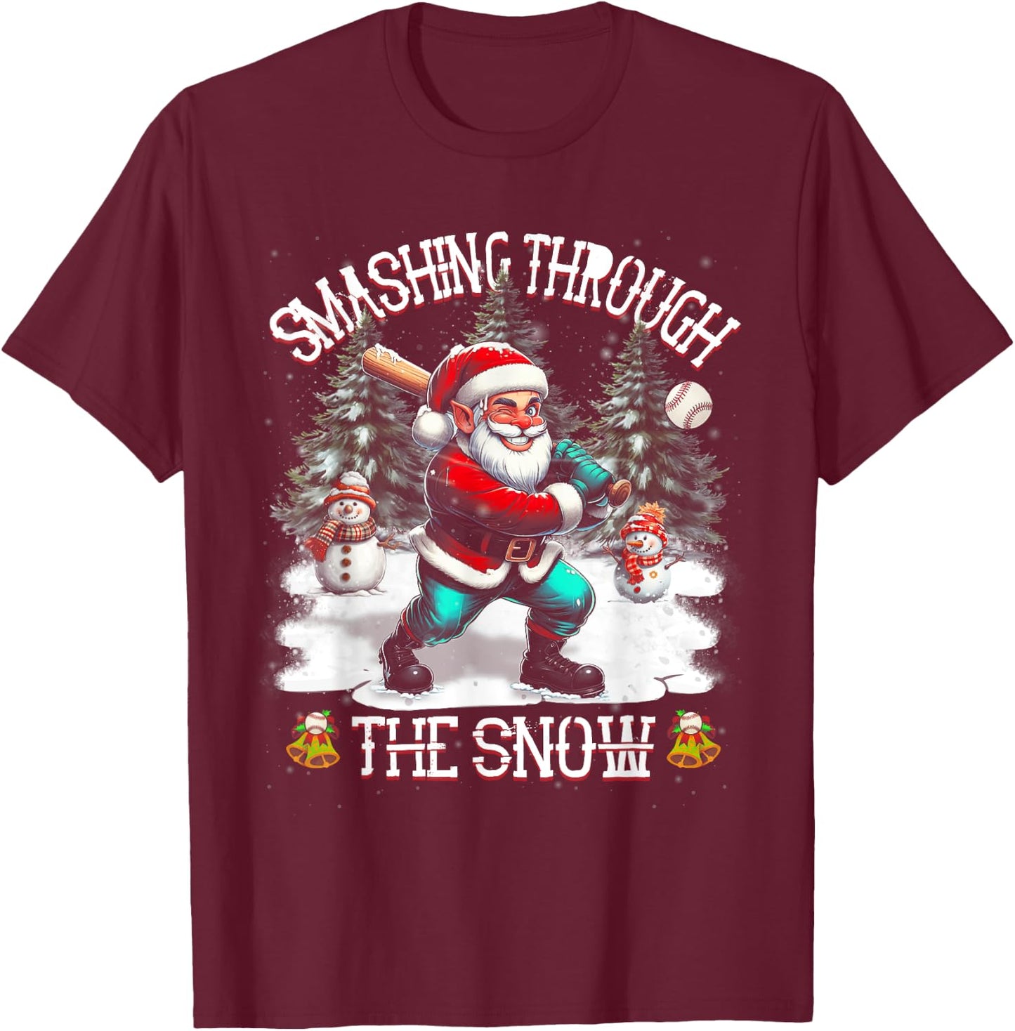 Baseball Player Christmas Santa Smashing Through Snow T-Shirt - T-Shirt | Maroon