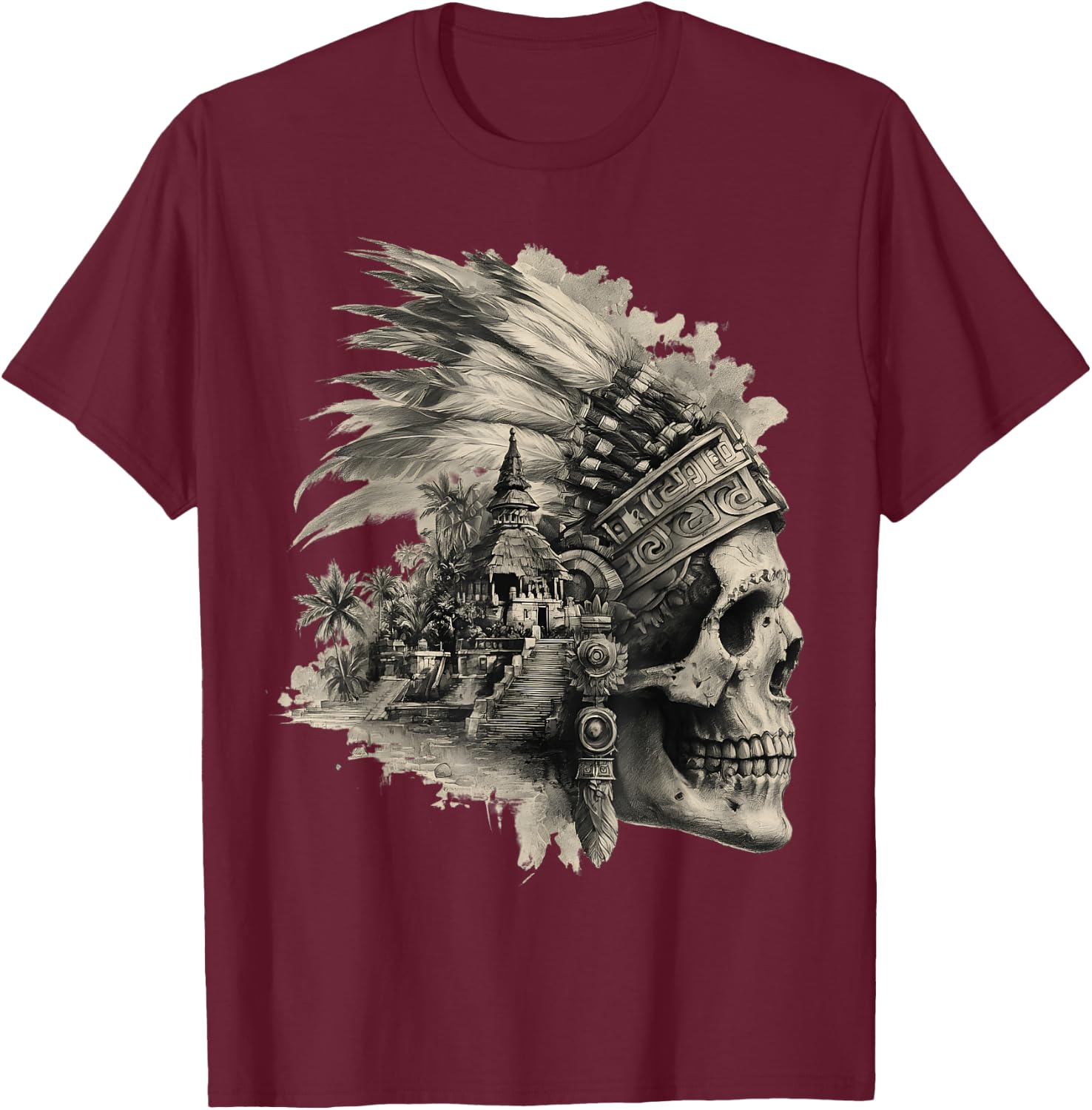 Feather Aztec Skull Maya Mexican Maya Indigenous Aztec T-Shirt - T-Shirt | Maroon