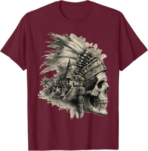 Feather Aztec Skull Maya Mexican Maya Indigenous Aztec T-Shirt - T-Shirt | Maroon