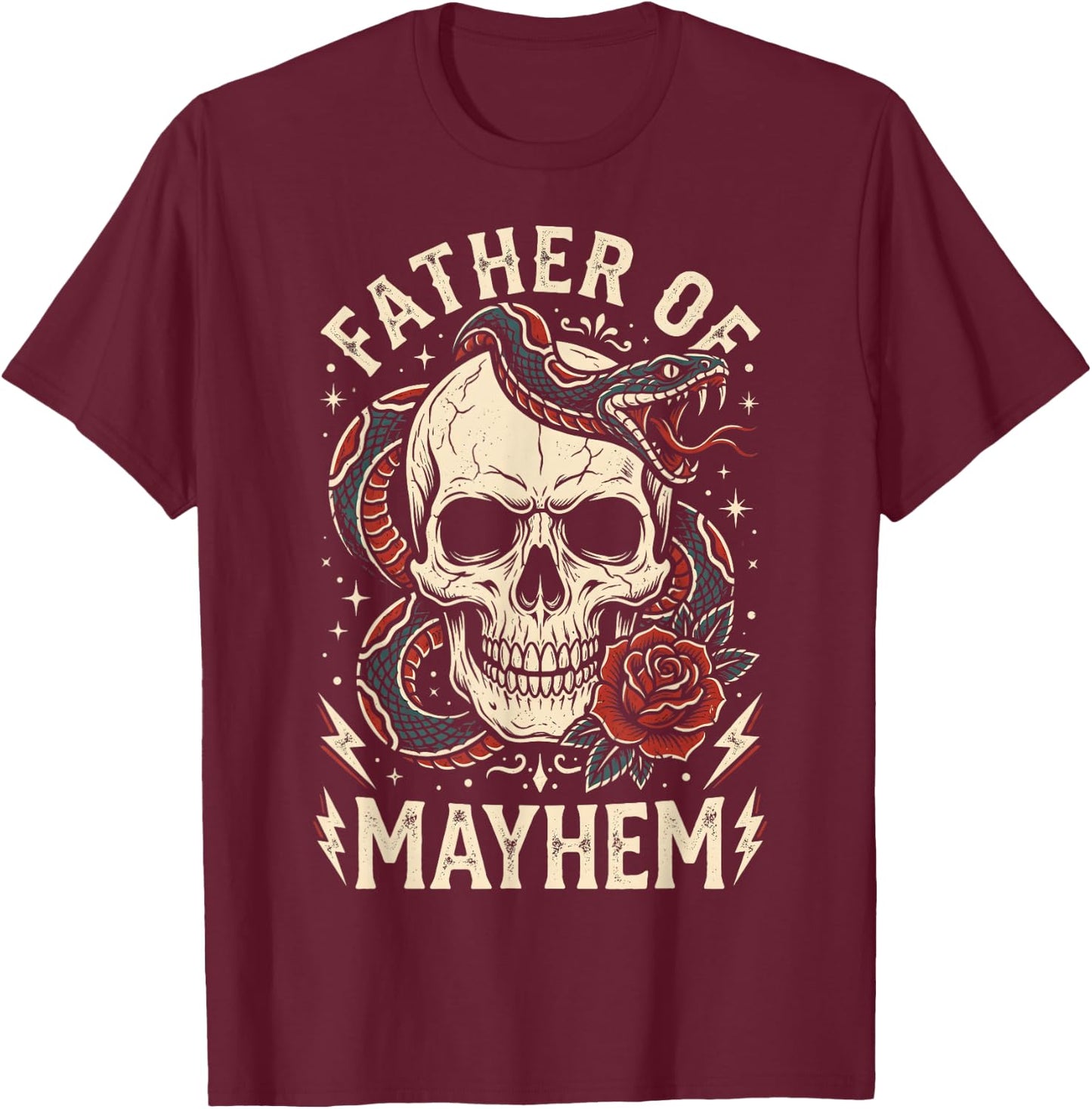 Father of Mayhem Vintage Tattoo Skull Snake & Rose T-Shirt - T-Shirt | Maroon