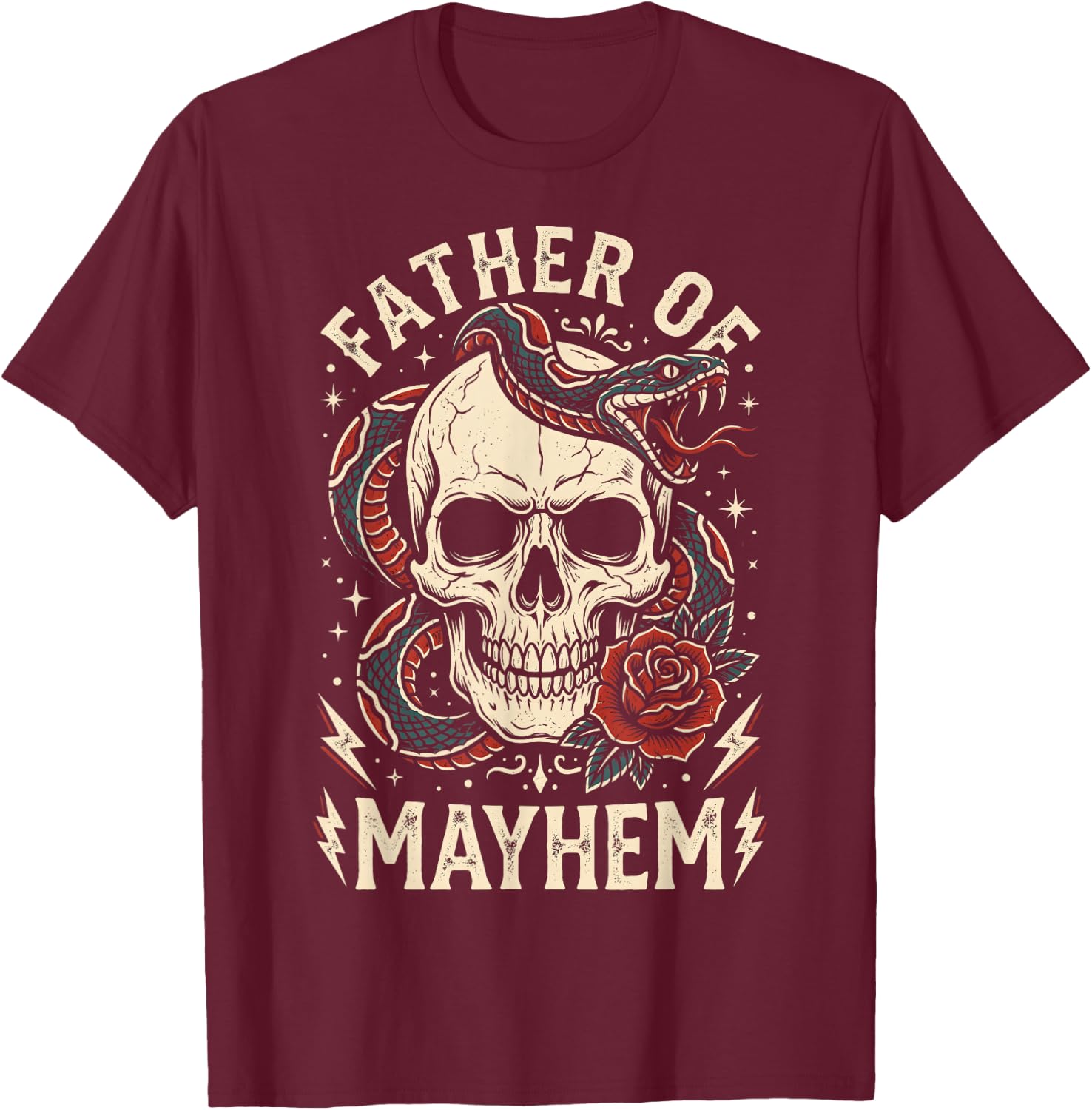 Father of Mayhem Vintage Tattoo Skull Snake & Rose T-Shirt - T-Shirt | Maroon
