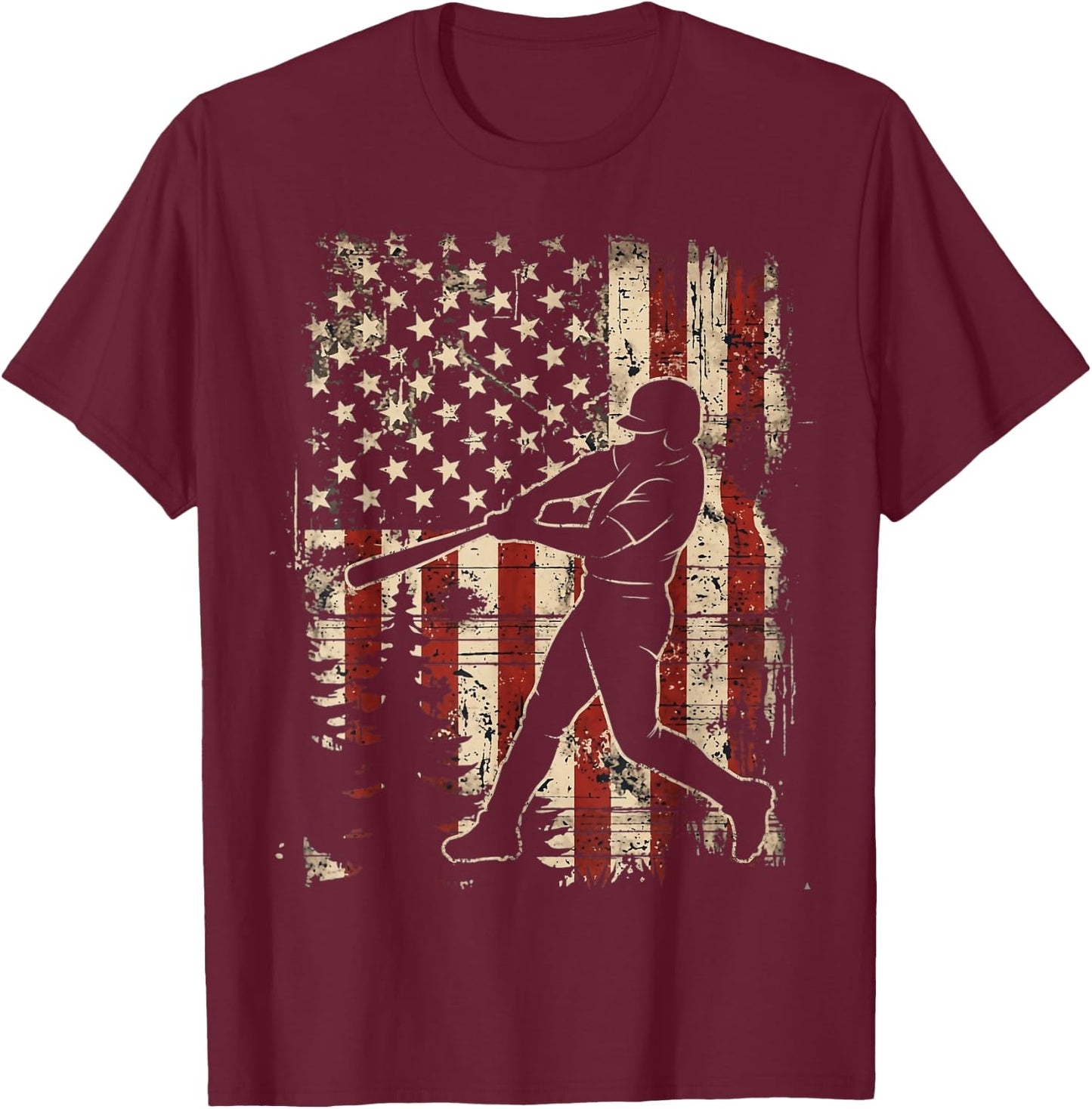 American Flag Baseball Player Patriotic Men Women Kids T-Shirt - T-Shirt | Maroon