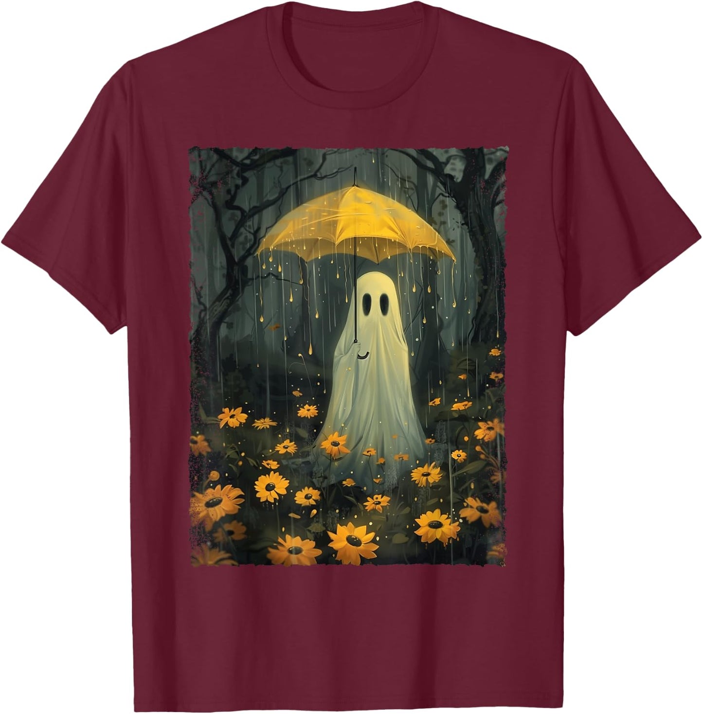 Ghost Holding Umbrella In The Rain Forest Gothic Whimsical T-Shirt - T-Shirt | Maroon