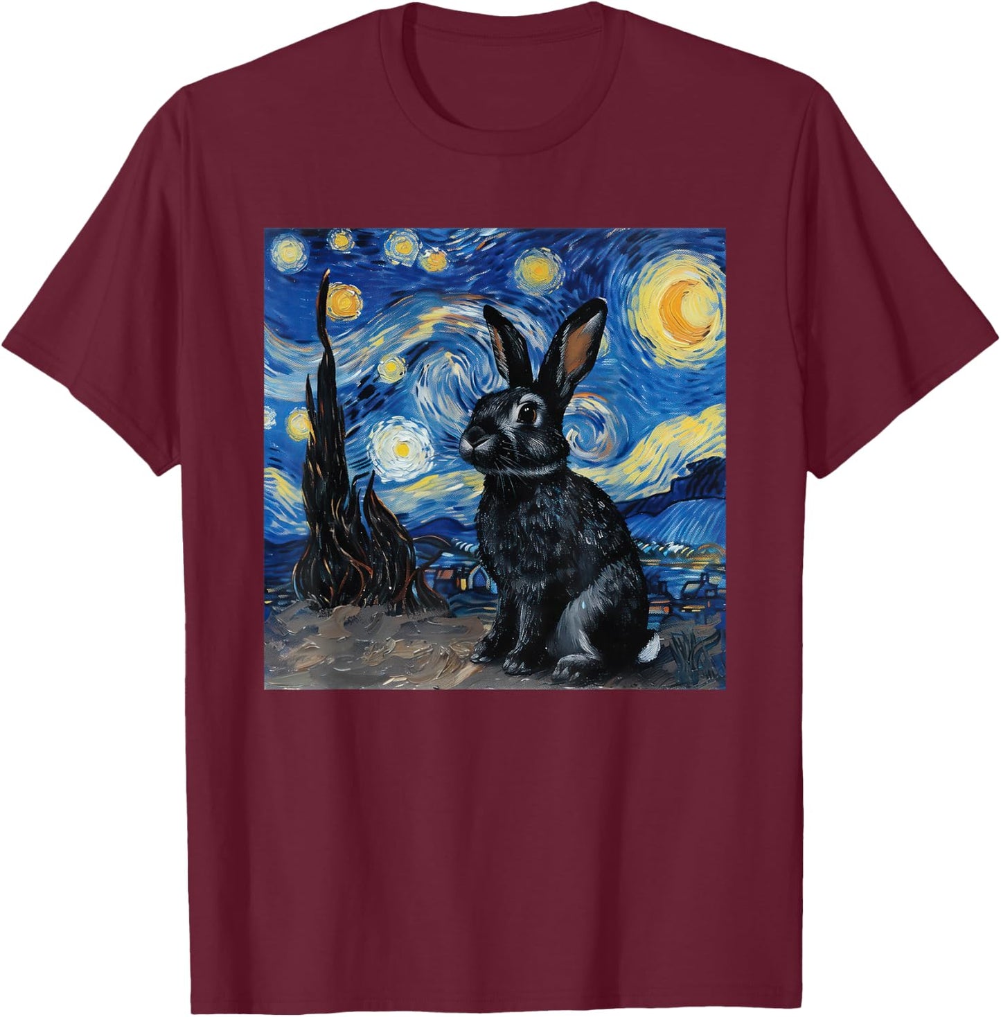Bunny Rabbit Van Gogh Style Starry Night T-Shirt - T-Shirt | Maroon