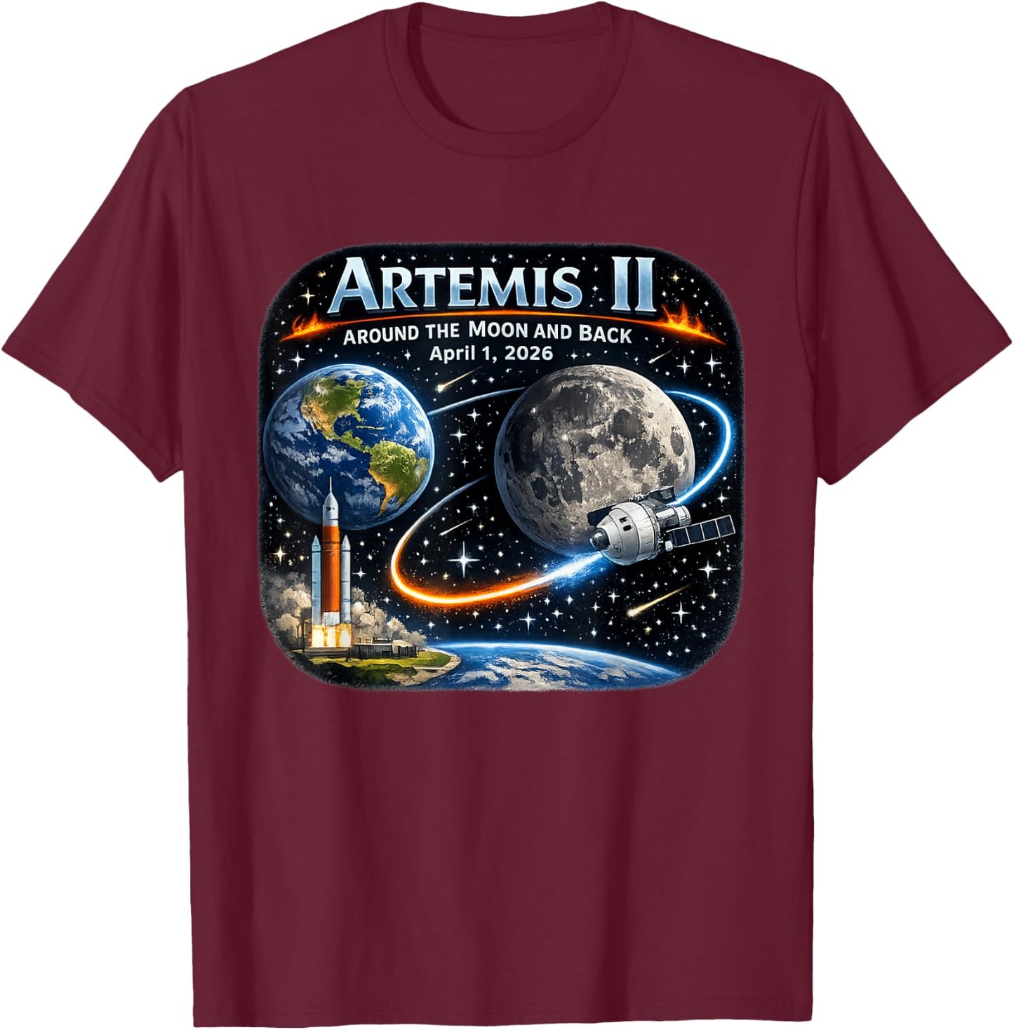 Artemis 2 Reise um den Mond und zurück 2026 T-Shirt - T-Shirt | Maroon