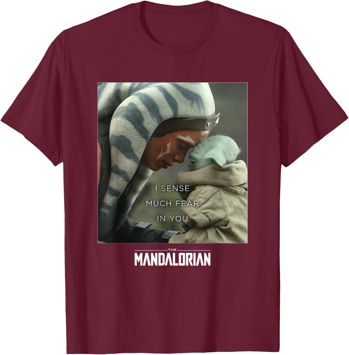 Star Wars: The Mandalorian Ahsoka & The Child I Sense Fear T-Shirt - T-Shirt | Maroon