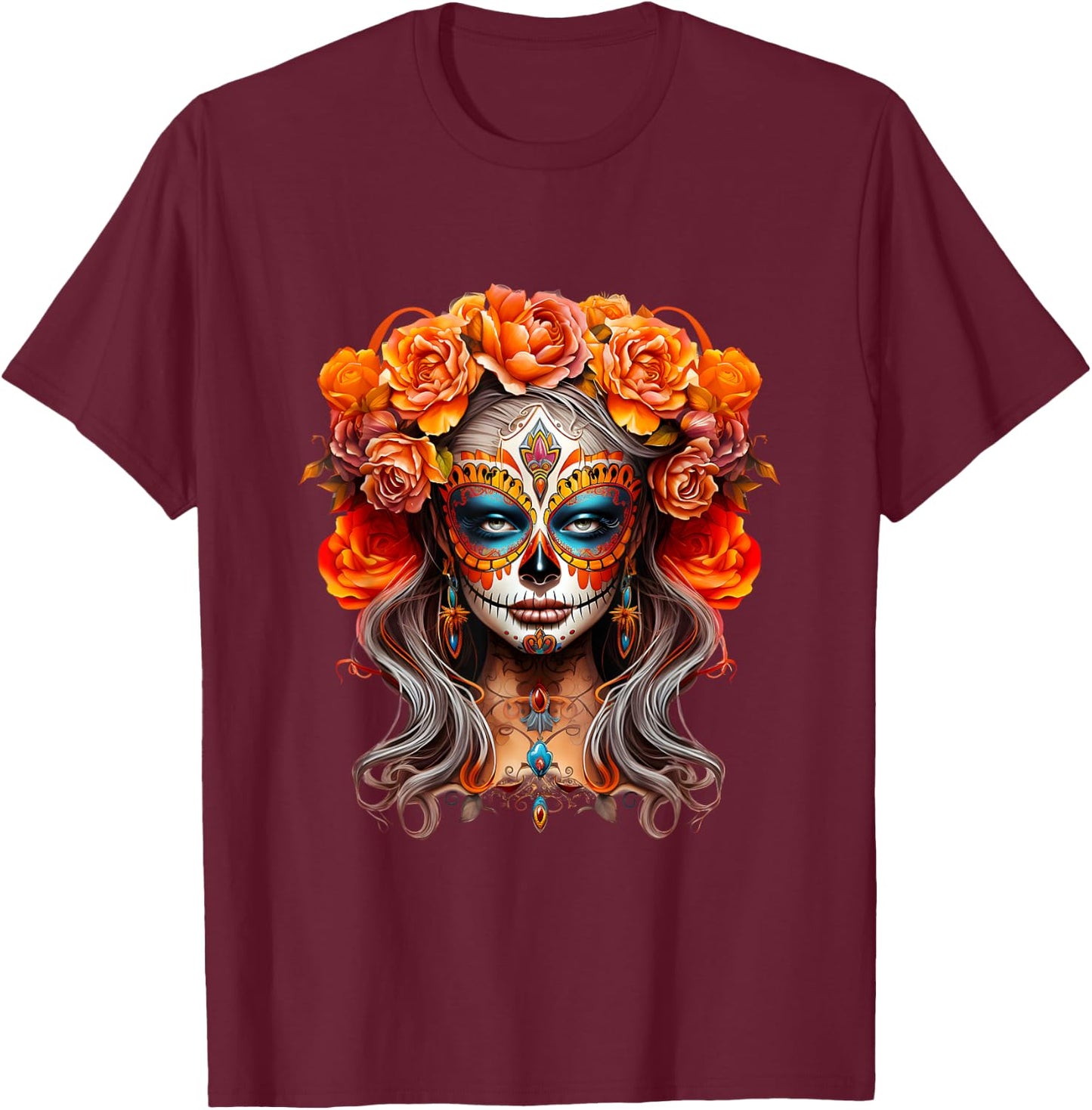 La Catrina, Dia De Los Muertos Mexikanischer Tag der Toten T-Shirt - T-Shirt | Maroon