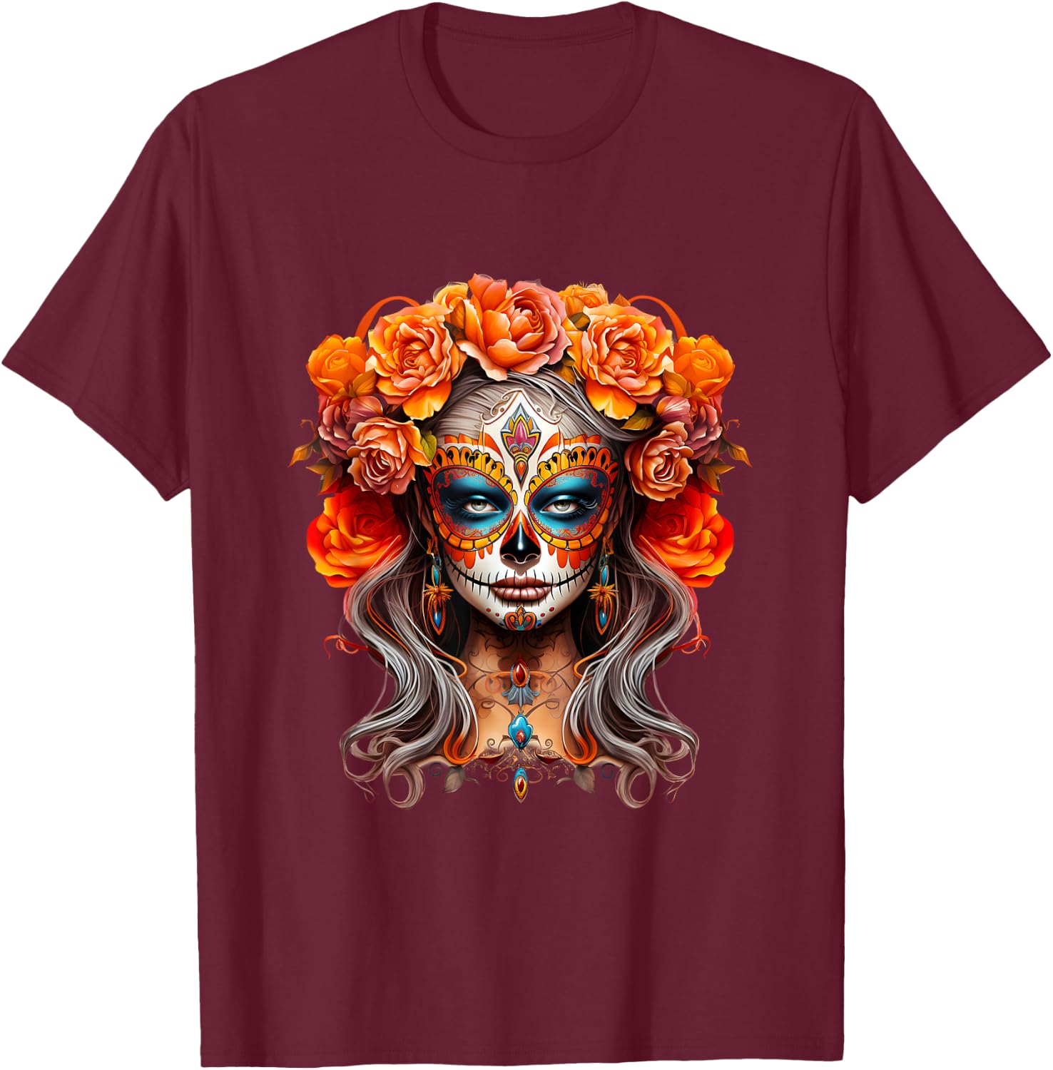 La Catrina, Dia De Los Muertos Mexikanischer Tag der Toten T-Shirt - T-Shirt | Maroon