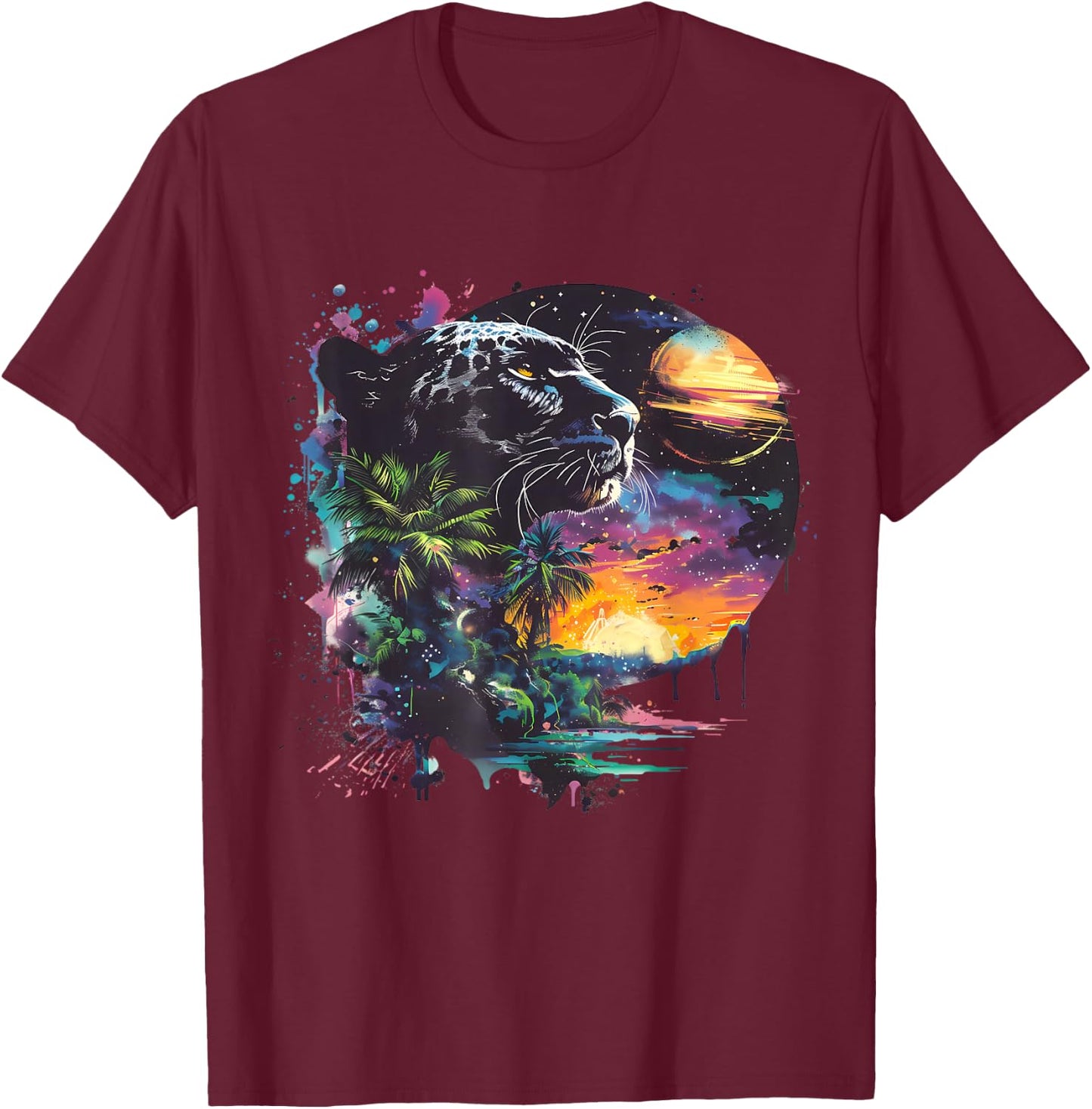 Panther Colourful Moon Artwork Panther Lover Wildlife T-Shirt - T-Shirt | Maroon