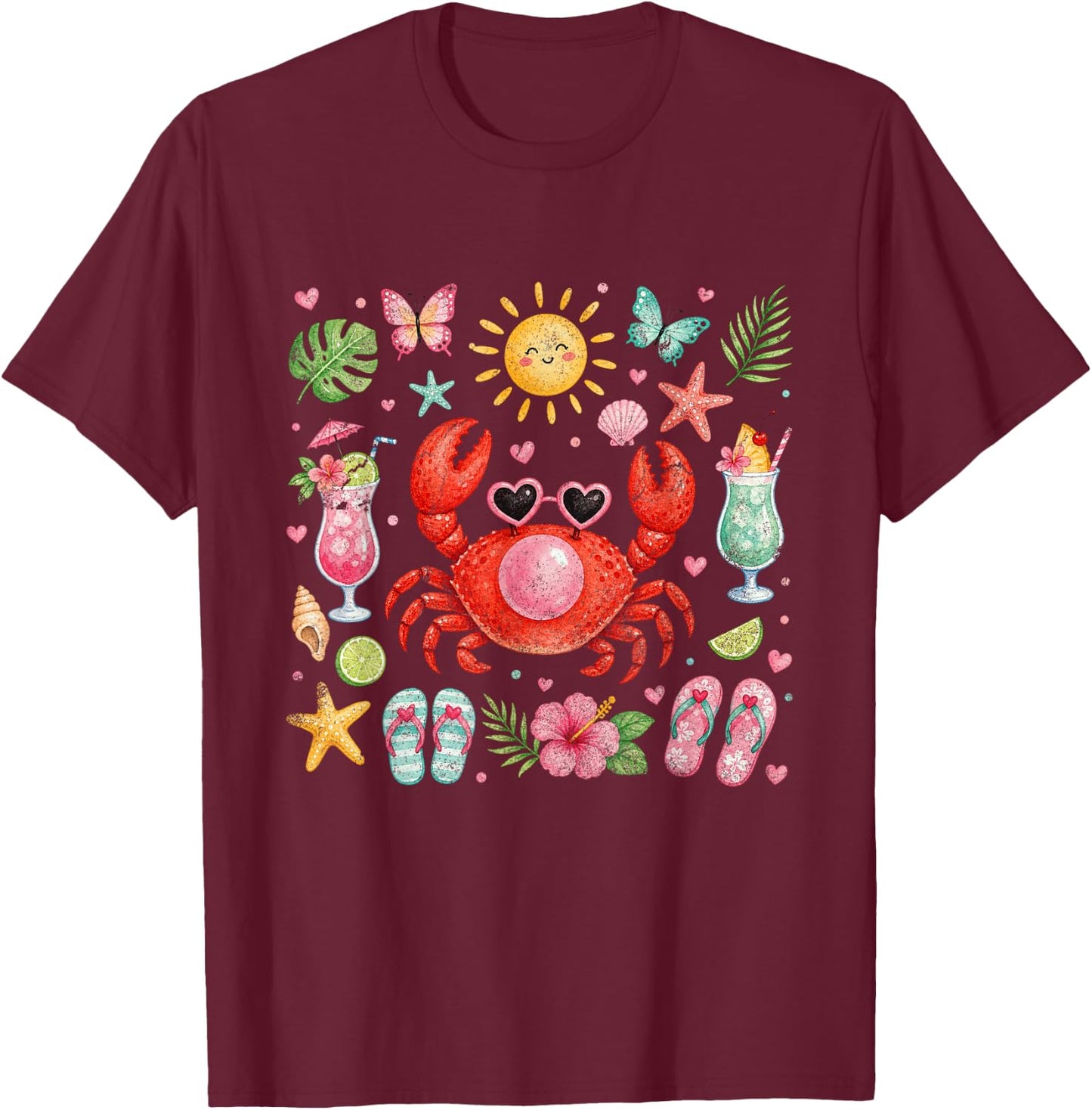 Crab Blowing Bubble Summer Vibes Coastal Beach Girls' Trip T-Shirt - T-Shirt | Maroon