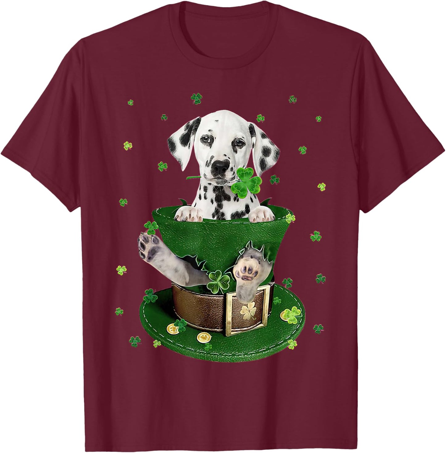St Patrick's Day Leprechaun Dalmatian Dog Shamrock Irish T-Shirt - T-Shirt | Maroon