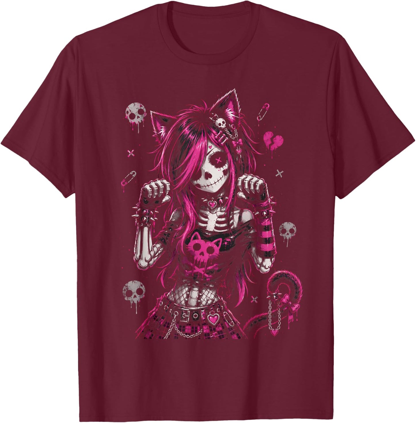 Emo Skeleton Cat Girl Pink Goth Aesthetic Rock Design T-Shirt - T-Shirt | Maroon