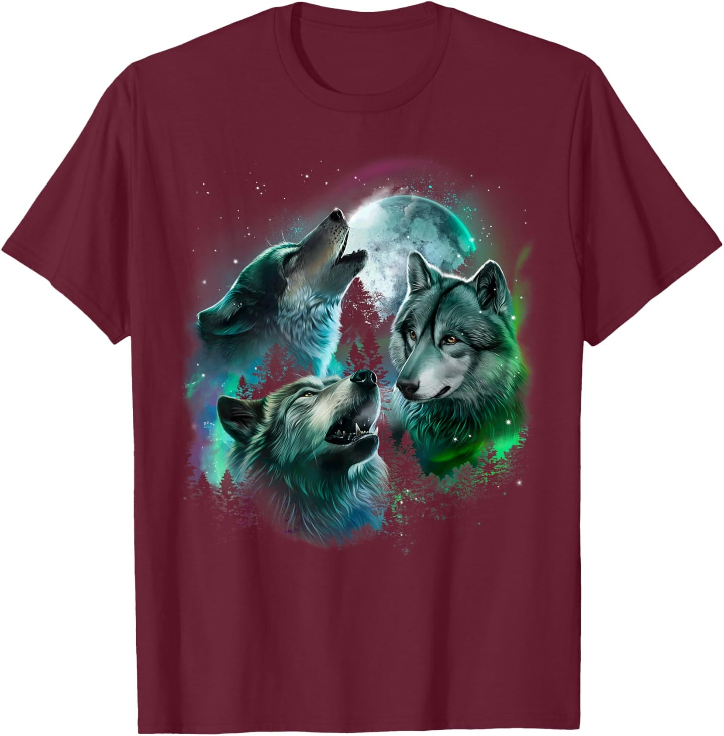 Grey Wolf Hunting in the Forest under Full Moon and Aurora T-Shirt - T-Shirt | Maroon