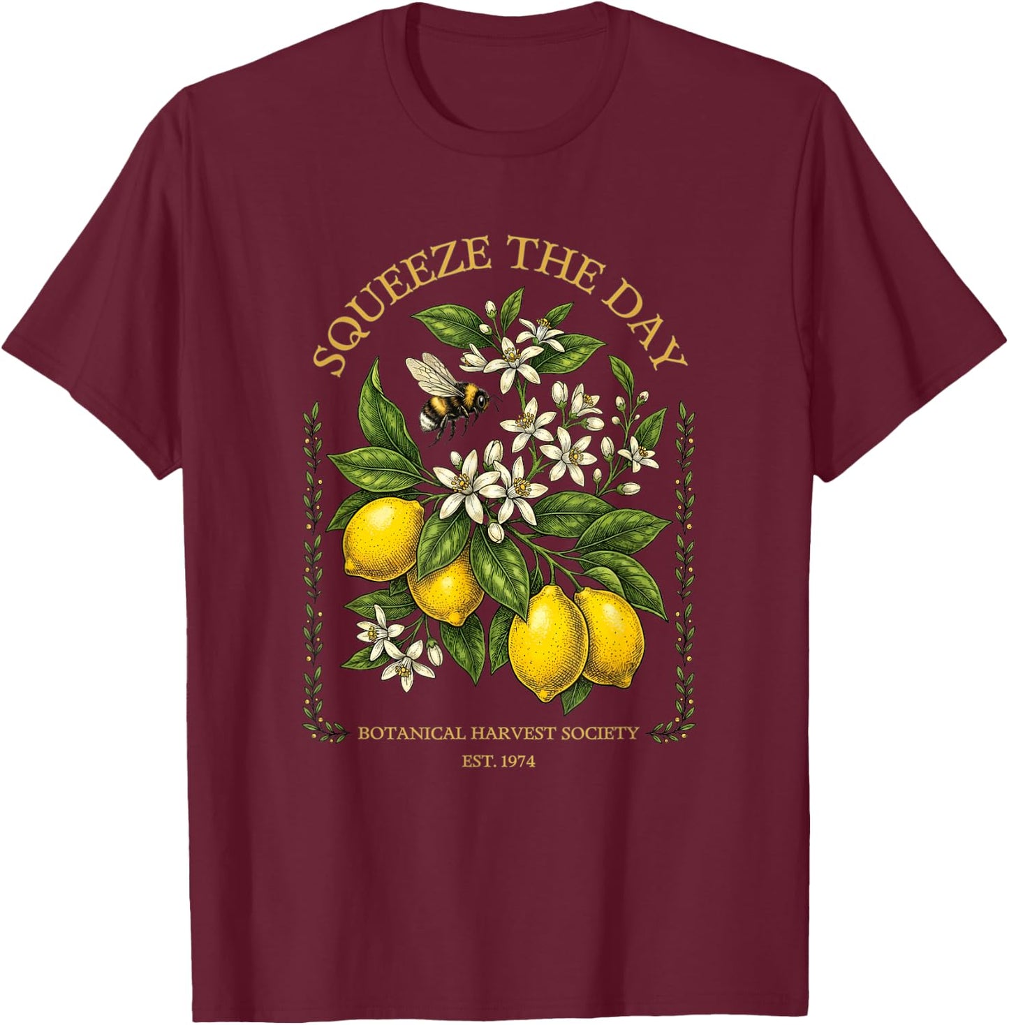 Squeeze The Day Vintage Lemon Bee Botanical Summer Fruit T-Shirt - T-Shirt | Maroon