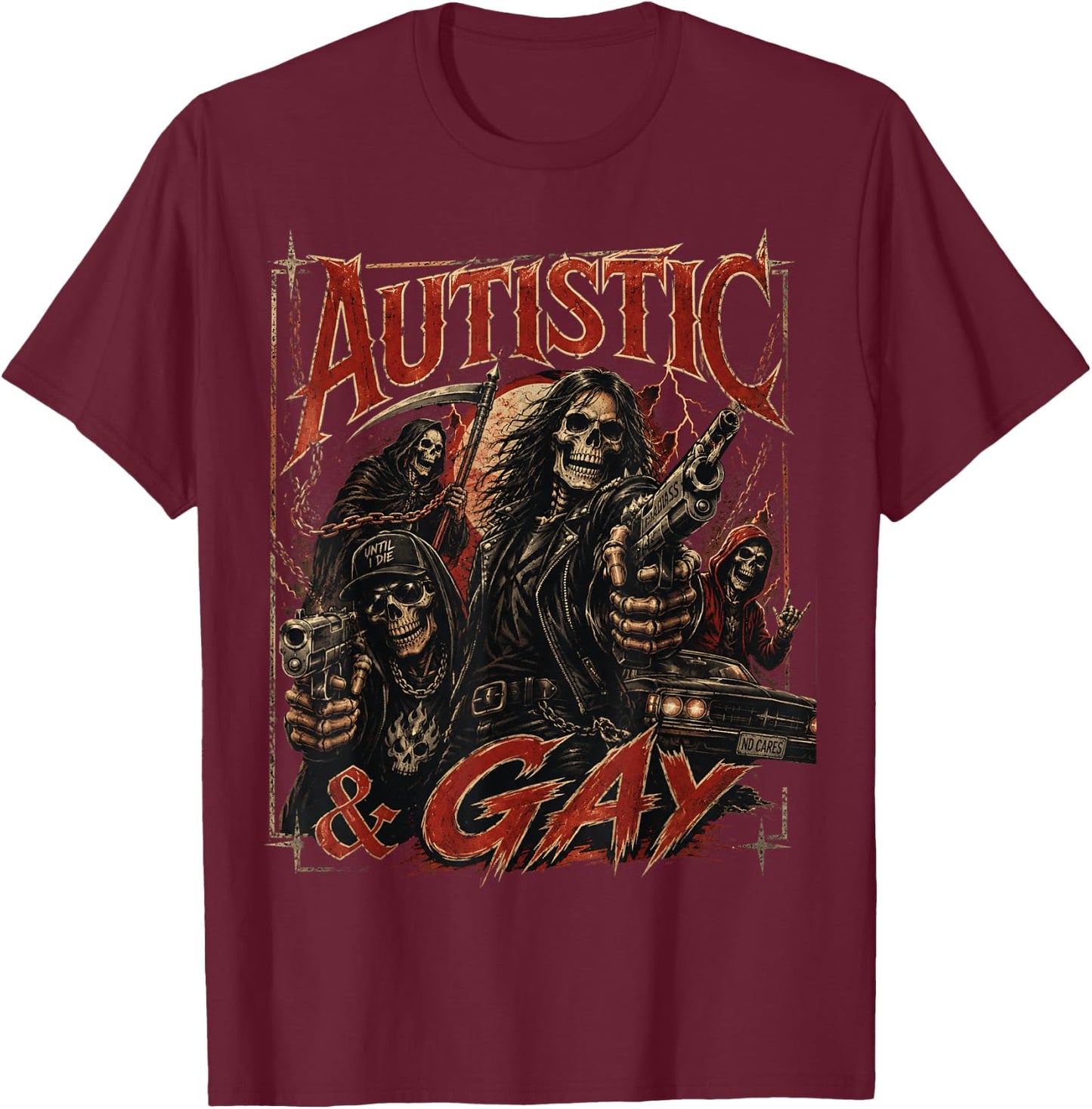 Autistic and Gay Funny Hard Skeleton Meme Music T-Shirt - T-Shirt | Maroon
