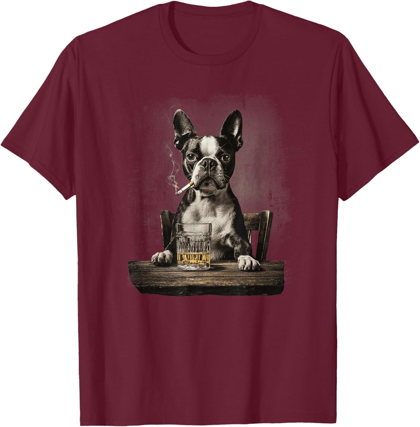 Vintage Smoking Boston Terrier Funny Dog Father's Day T-Shirt - T-Shirt | Maroon