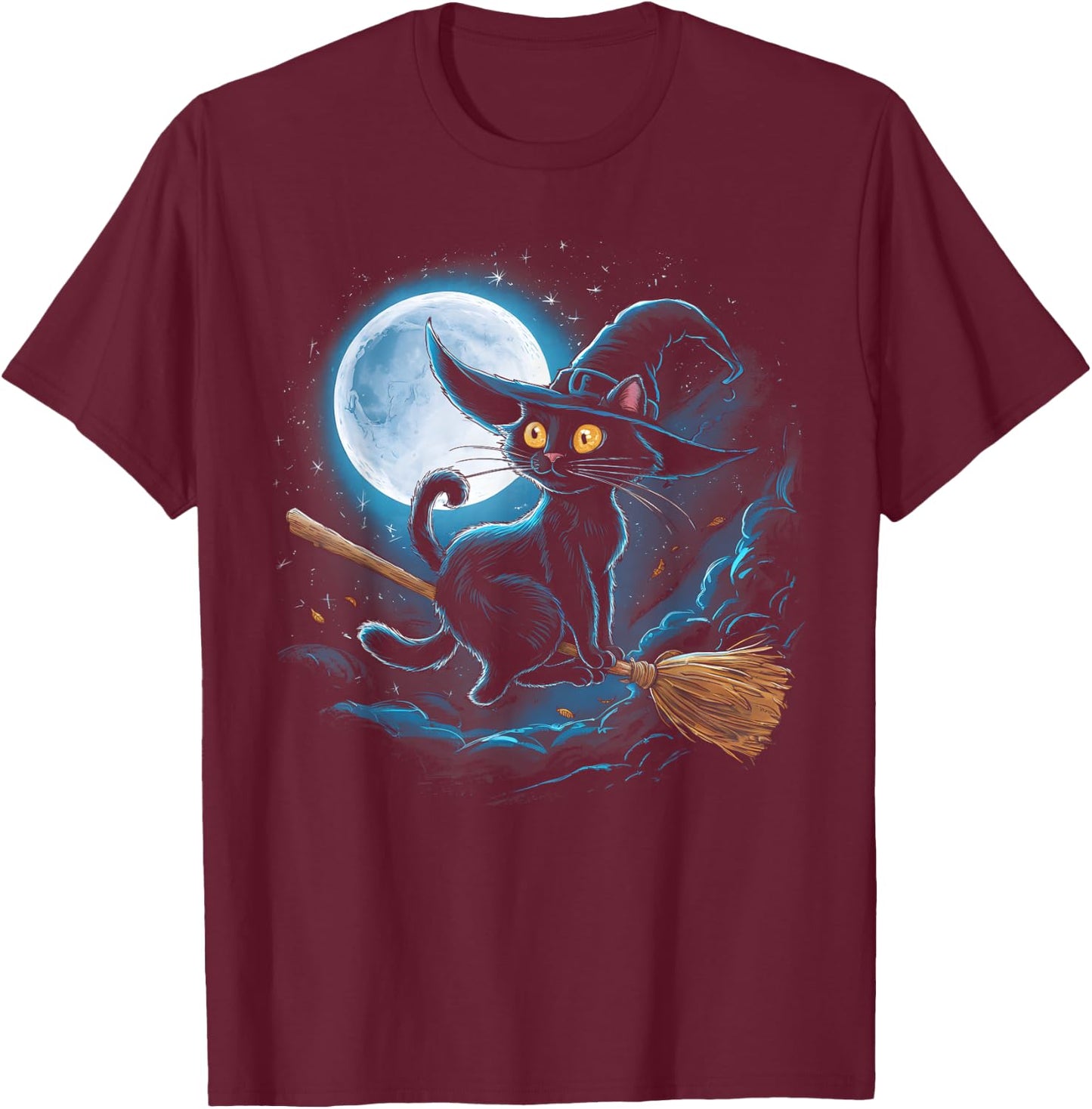 Witchy Black Cat on a Broomstick with Full Moon Halloween Women Kids T-Shirt - T-Shirt | Maroon