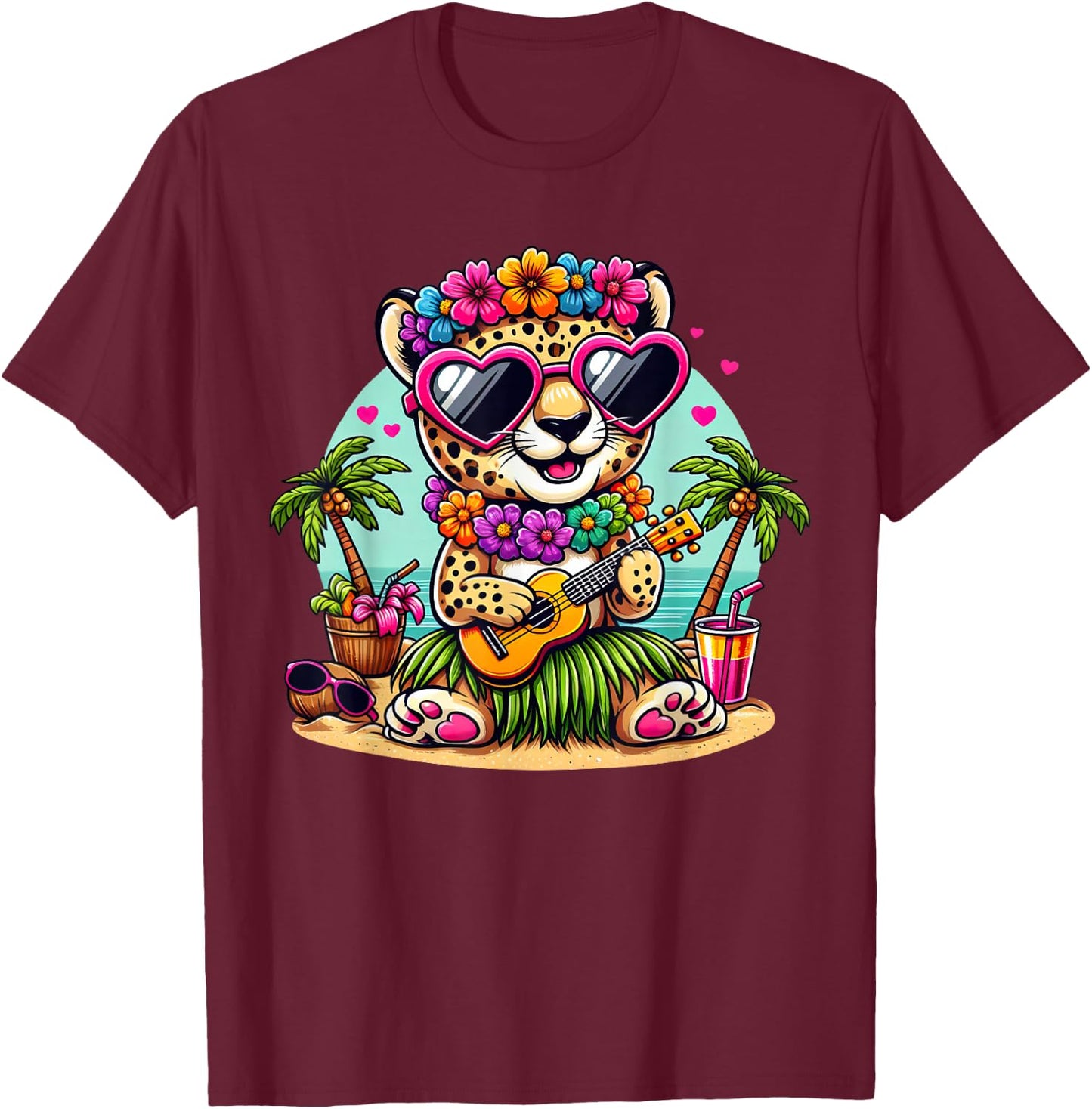Funny Cheetah Hawaiian Costume Kids Summer Vacation Cheetah T-Shirt - T-Shirt | Maroon