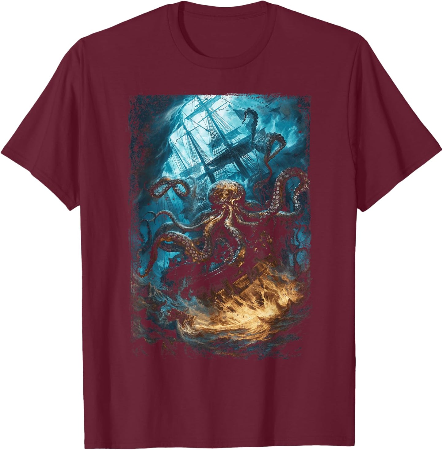 Giant Octopus Pirate Ship Vintage Kraken Sailing Squid T-Shirt - T-Shirt | Maroon