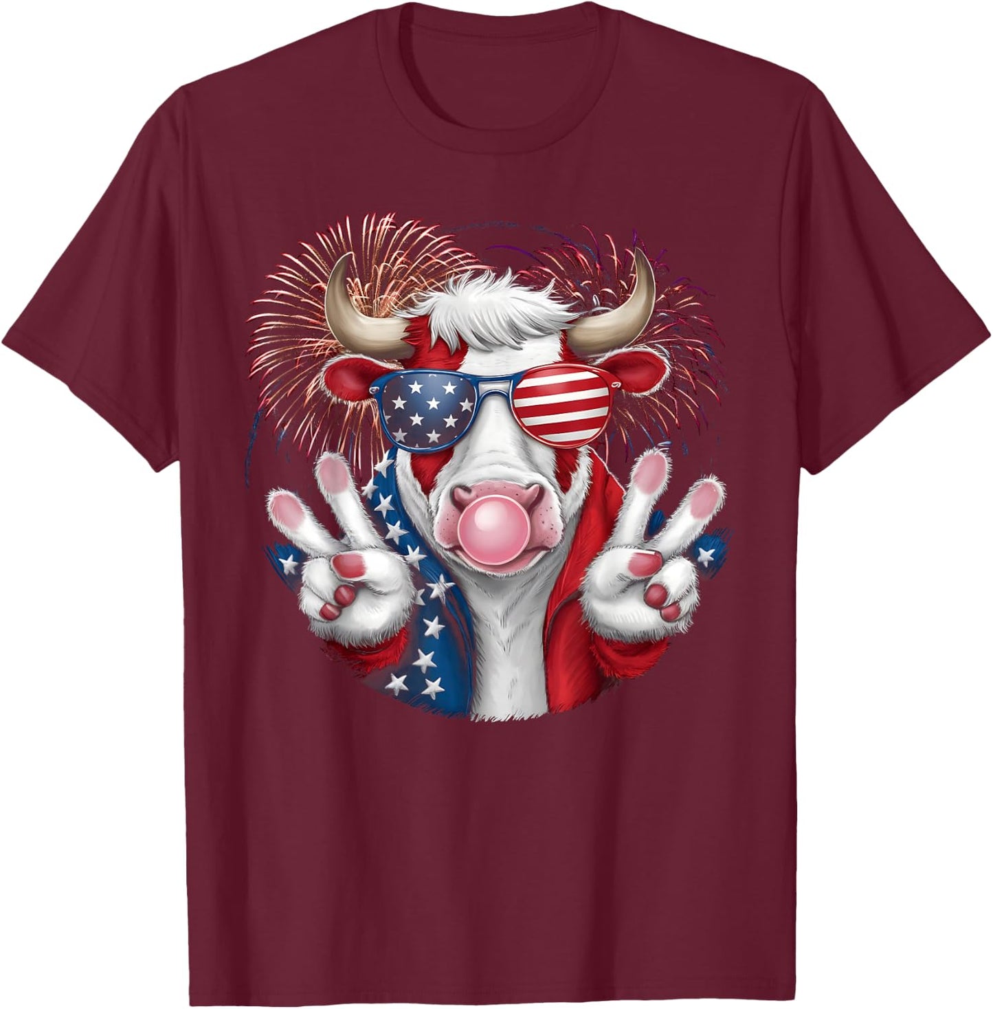 Fourth of July Firework Bull cow Patriotic American Flag T-Shirt - T-Shirt | Maroon